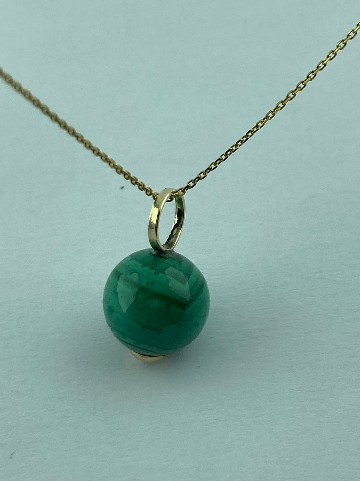 gold natural malachite pendant, round green malachite, solid 9ct yellow gold necklace, 18” gold chain