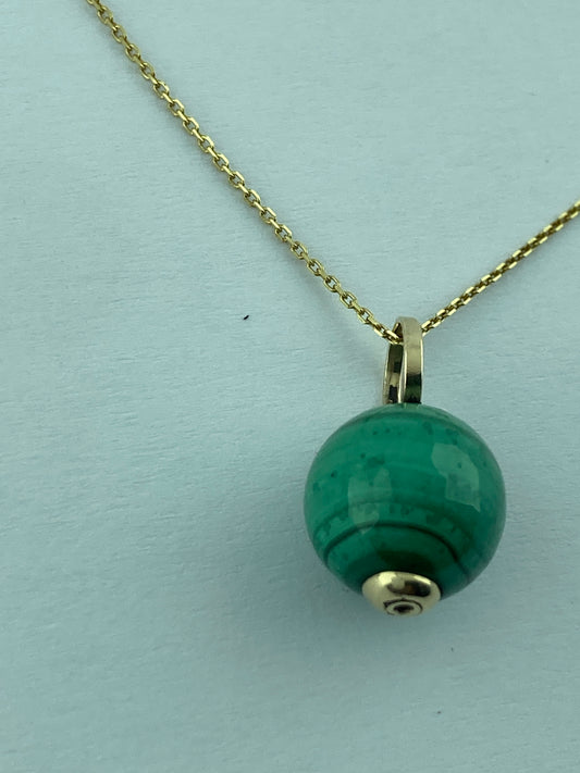 gold natural malachite pendant, round green malachite, solid 9ct yellow gold necklace, 18” gold chain