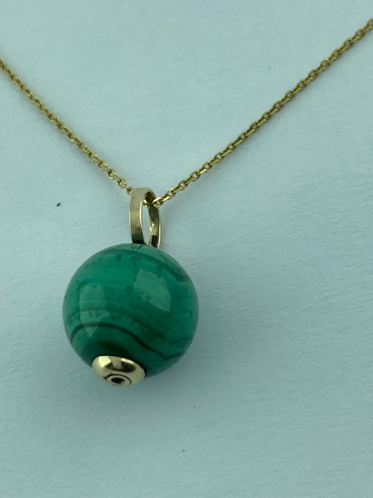 gold natural malachite pendant, round green malachite, solid 9ct yellow gold necklace, 18” gold chain