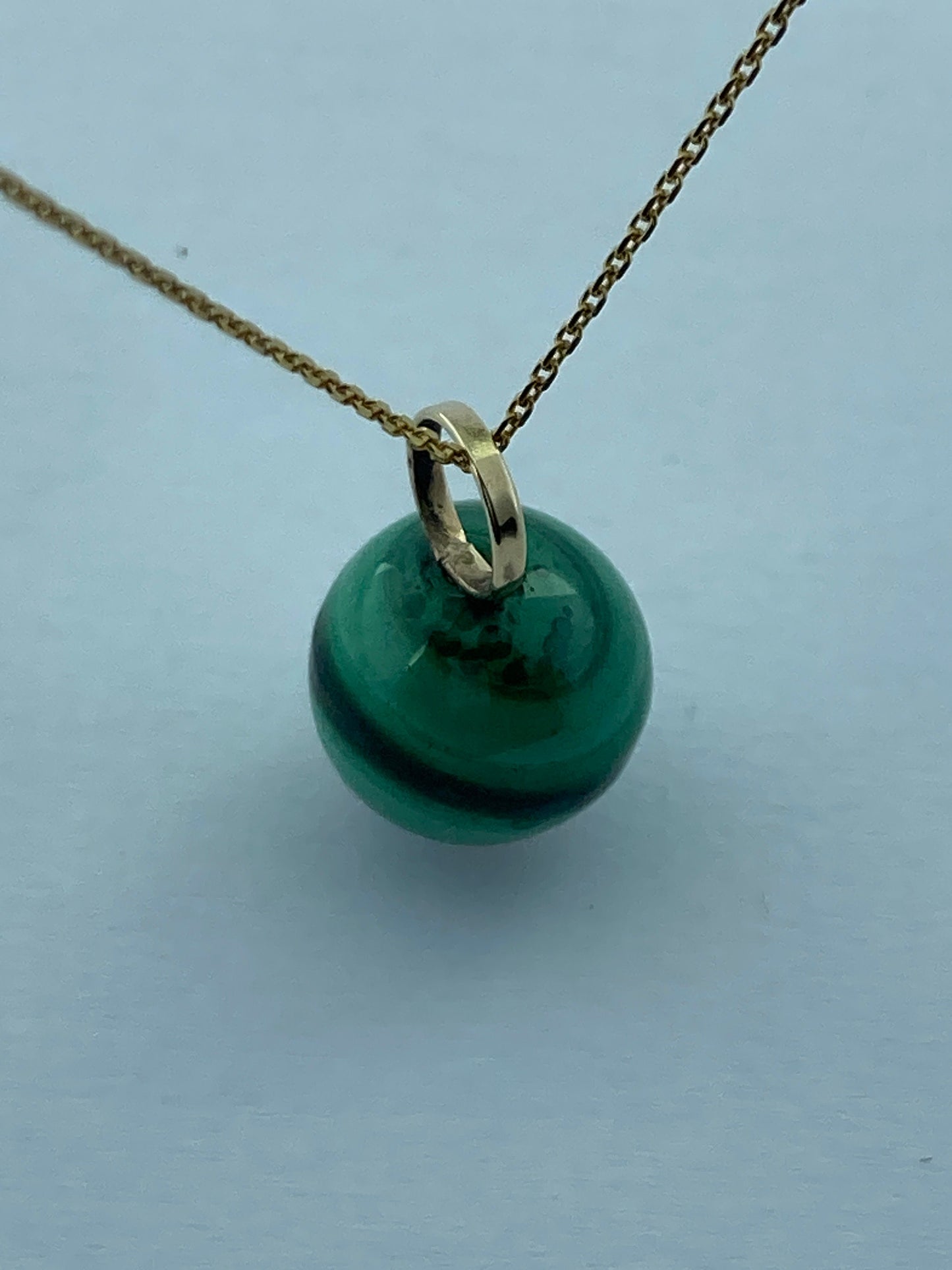 malachite gold necklace , round green malachite, solid 9ct yellow gold necklace, 18” gold chain