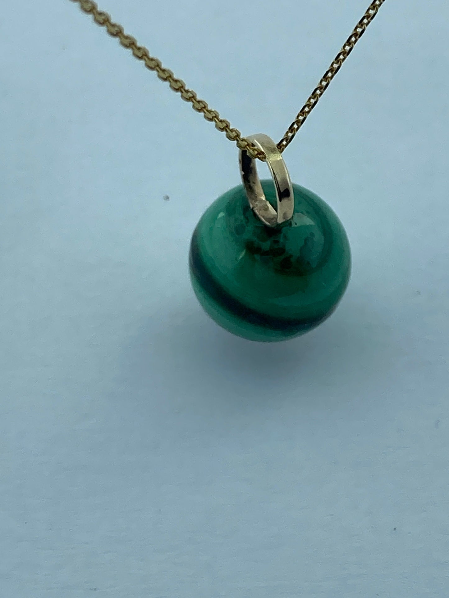 malachite gold necklace , round green malachite, solid 9ct yellow gold necklace, 18” gold chain