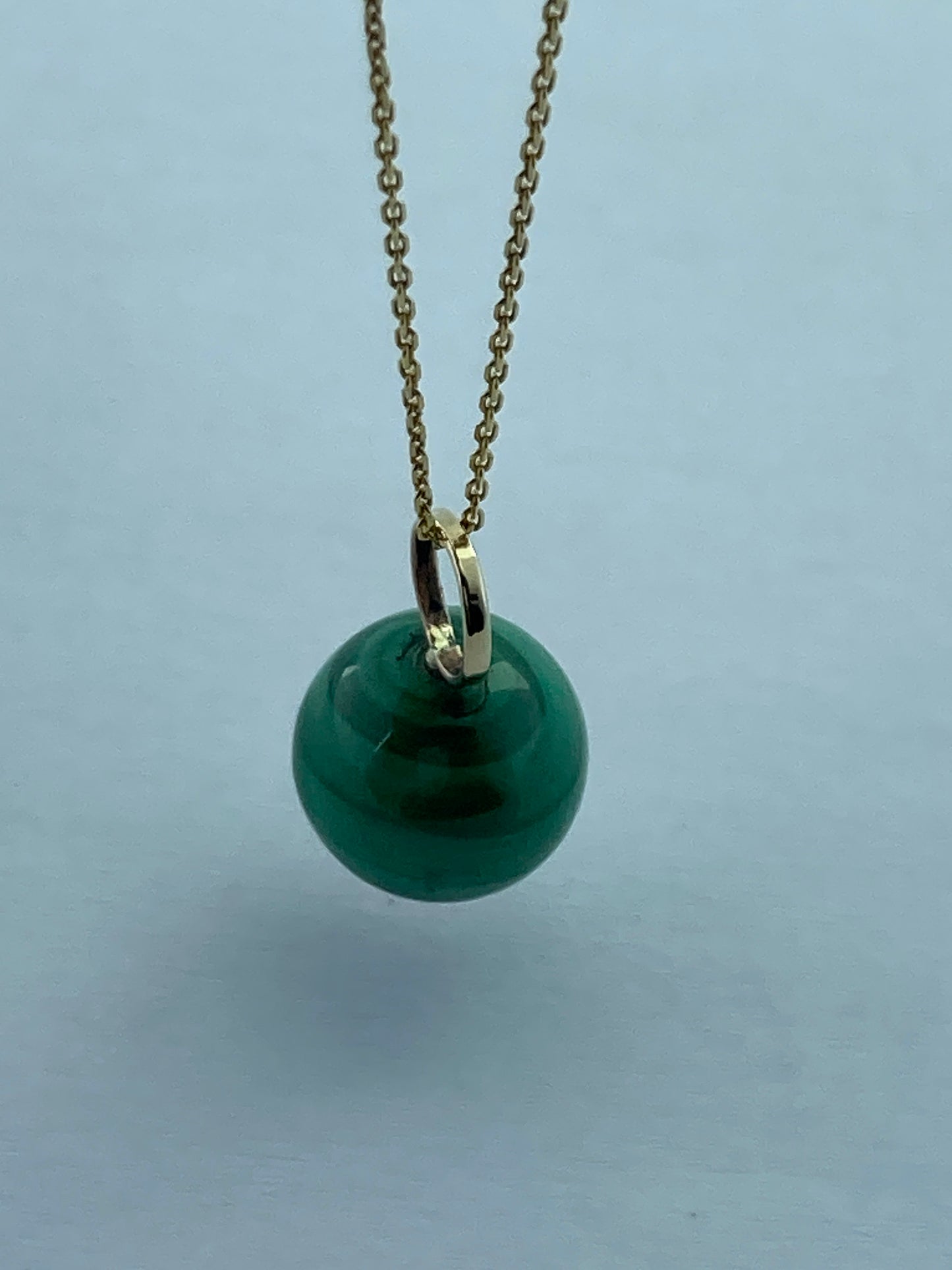 Malachite, round green malachite pendant, solid 9ct yellow gold necklace, 18” gold chain