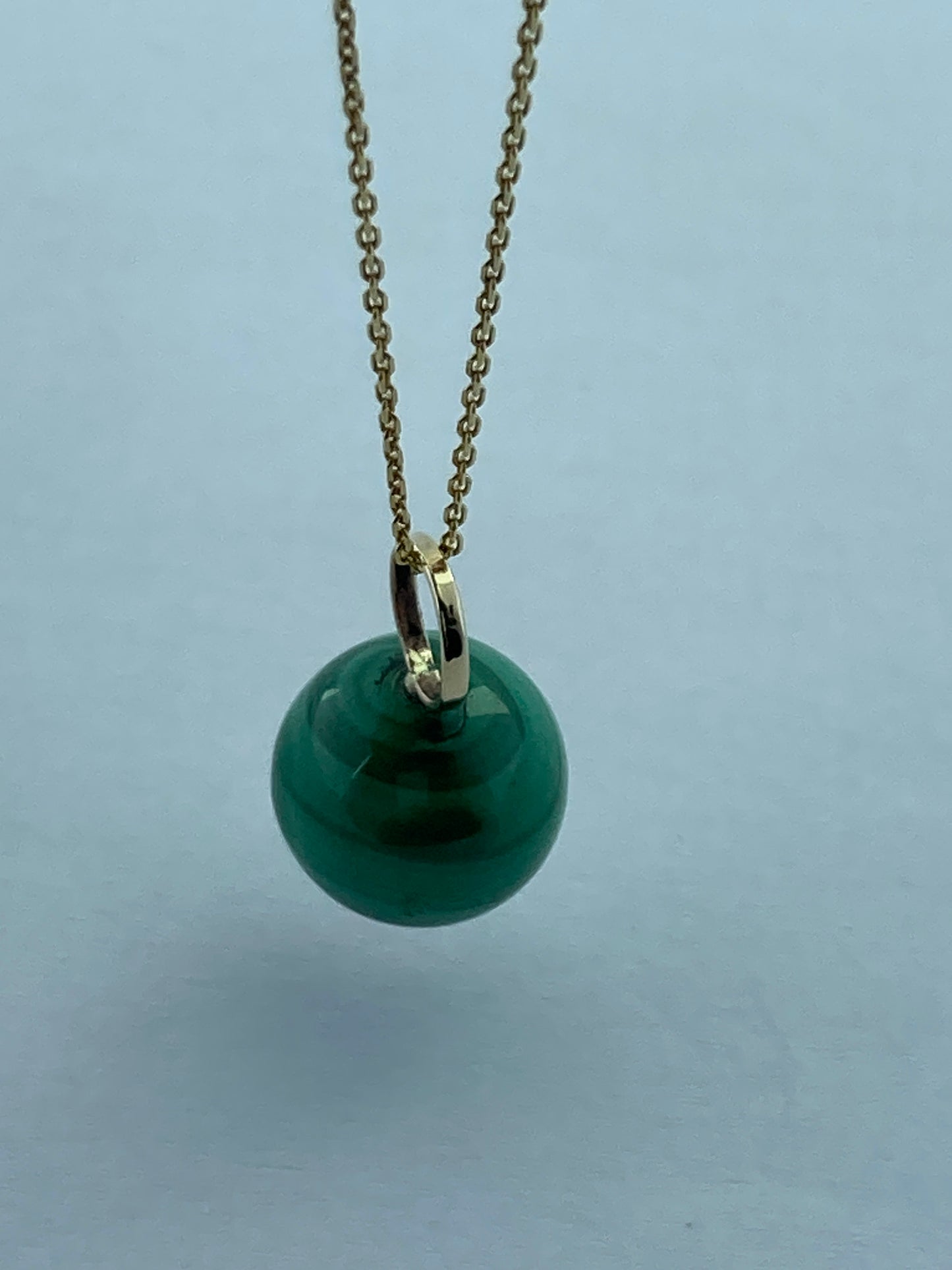 Malachite, round green malachite pendant, solid 9ct yellow gold necklace, 18” gold chain