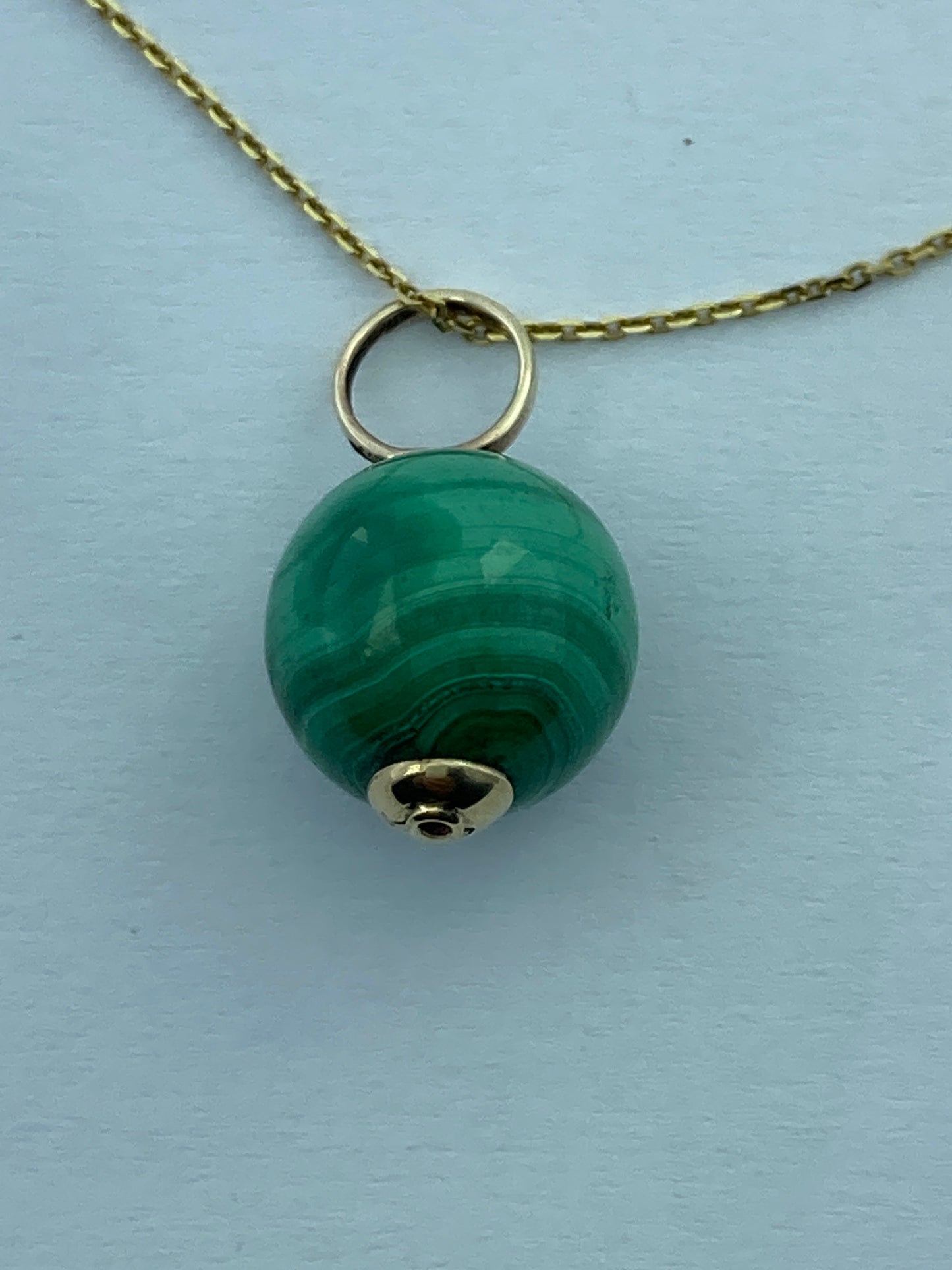 Malachite, round green malachite pendant, solid 9ct yellow gold necklace, 18” gold chain