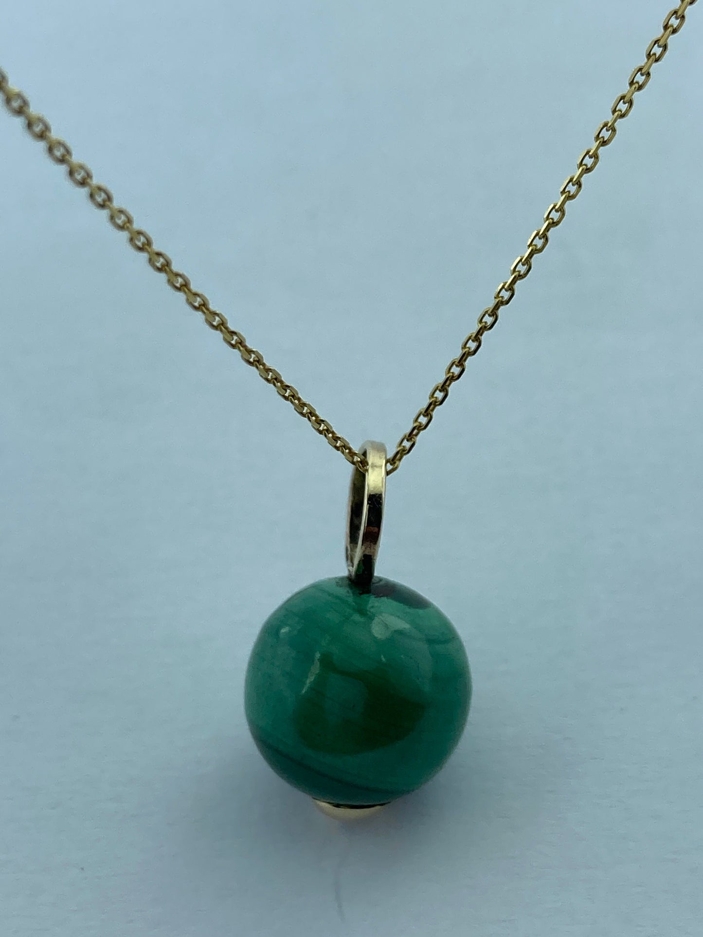 Natural Malachite, round green malachite pendant, solid 9ct yellow gold necklace, 18” gold chain