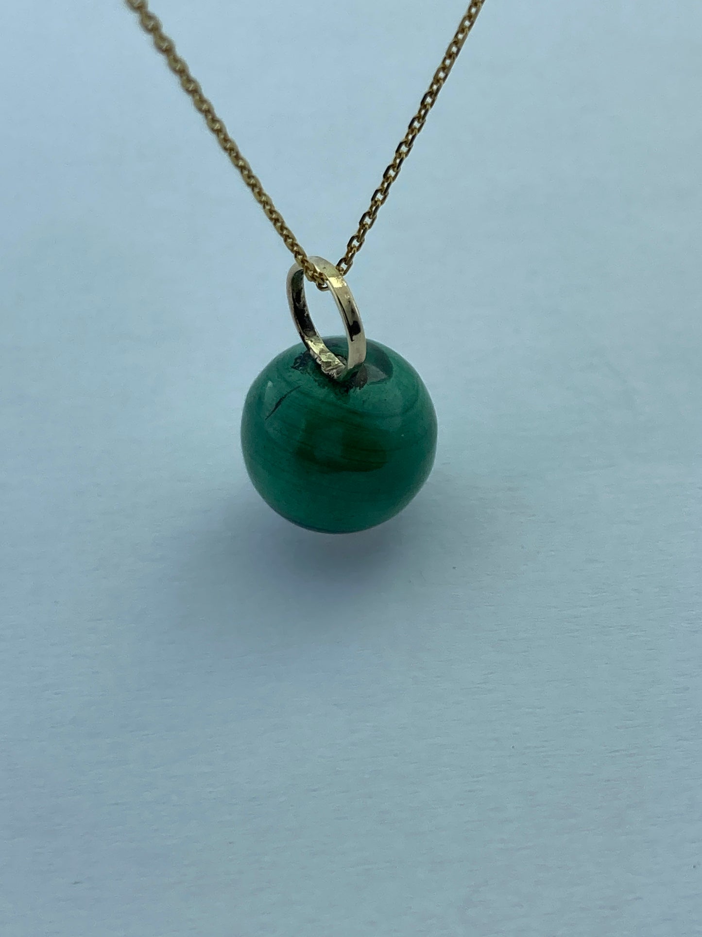 Natural Malachite, round green malachite pendant, solid 9ct yellow gold necklace, 18” gold chain
