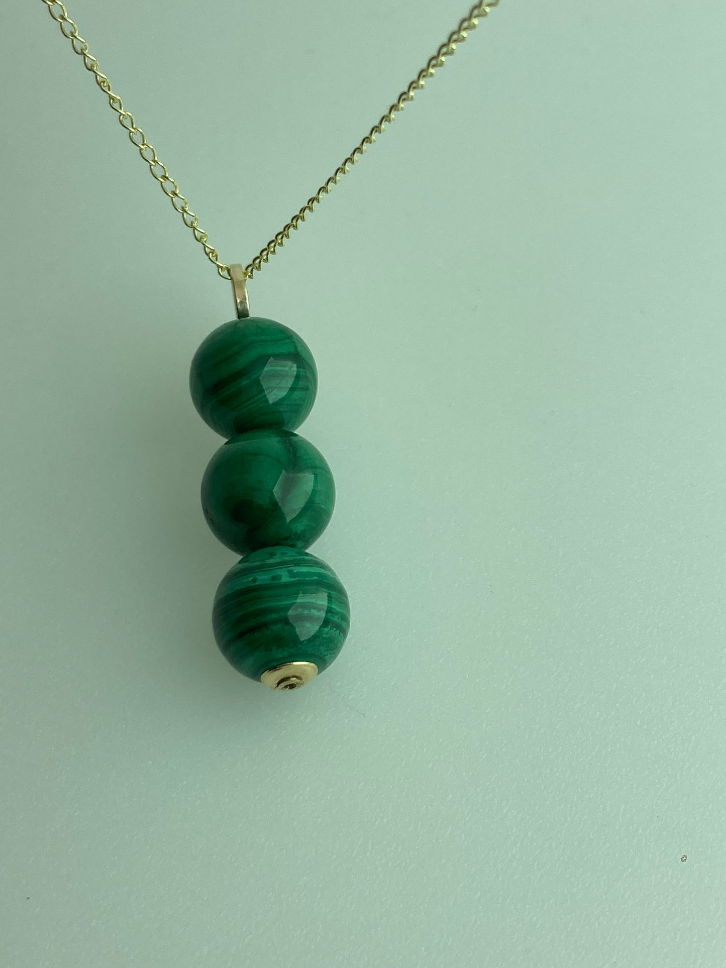 gold malachite necklace, natural green malachite pendant, solid 9ct yellow gold, 18” gold chain