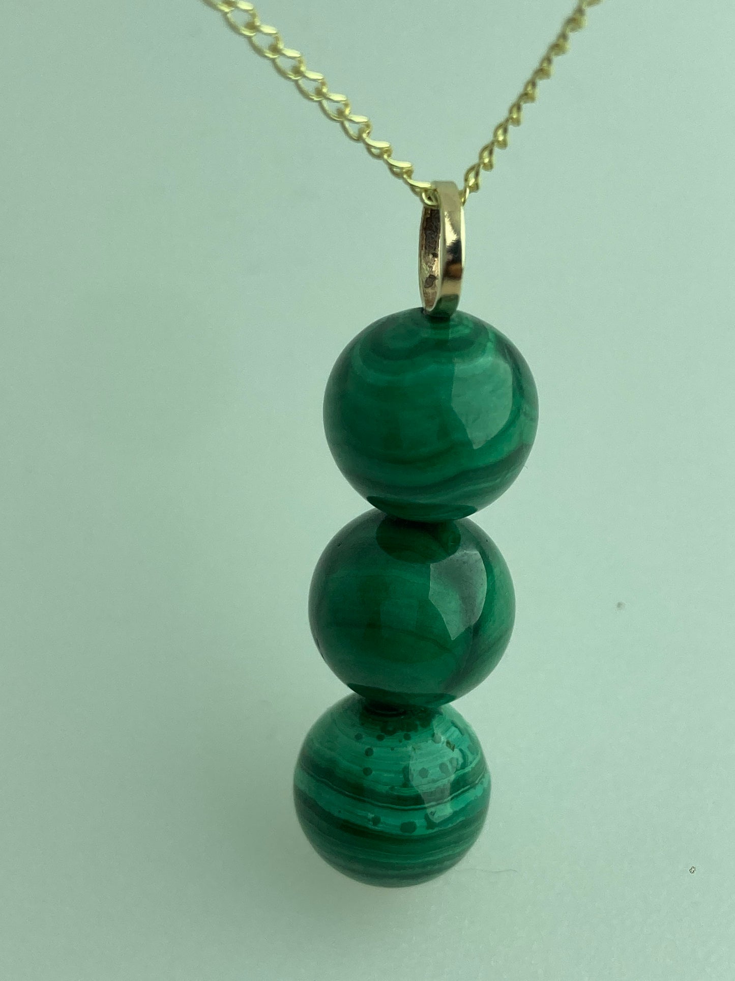 gold malachite necklace, natural green malachite pendant, solid 9ct yellow gold, 18” gold chain