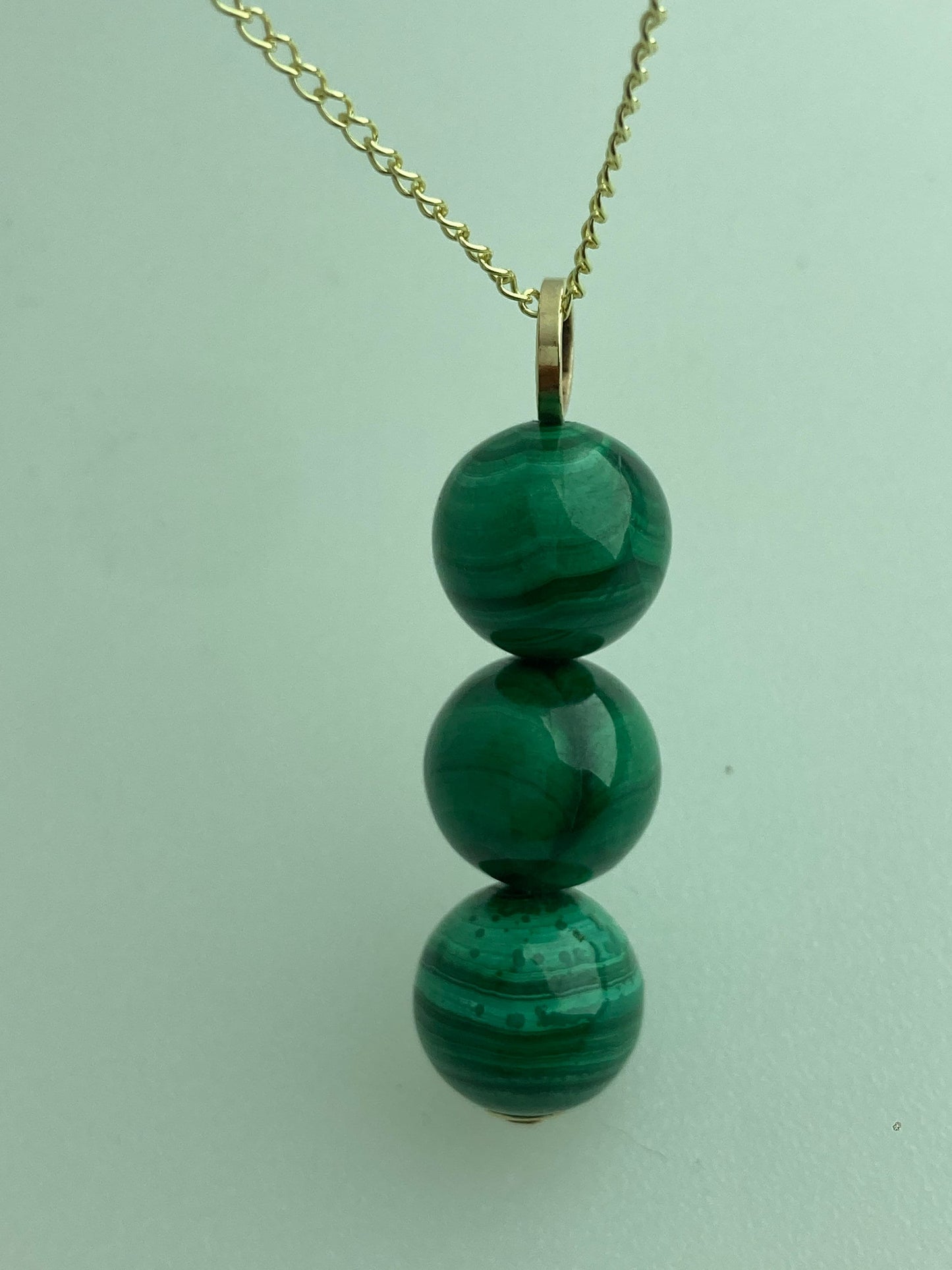 gold malachite necklace, natural green malachite pendant, solid 9ct yellow gold, 18” gold chain