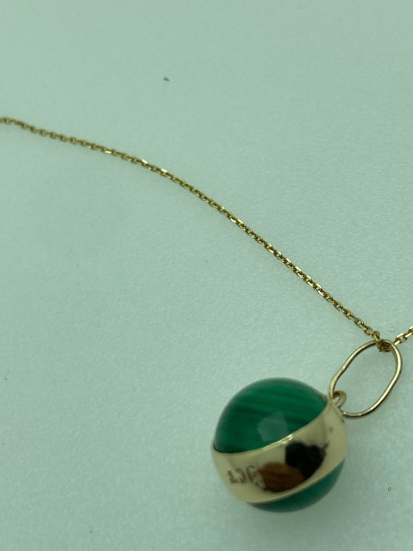 malachite 9ct gold necklace, round green malachite pendant, solid 9ct yellow gold, 18” gold chain