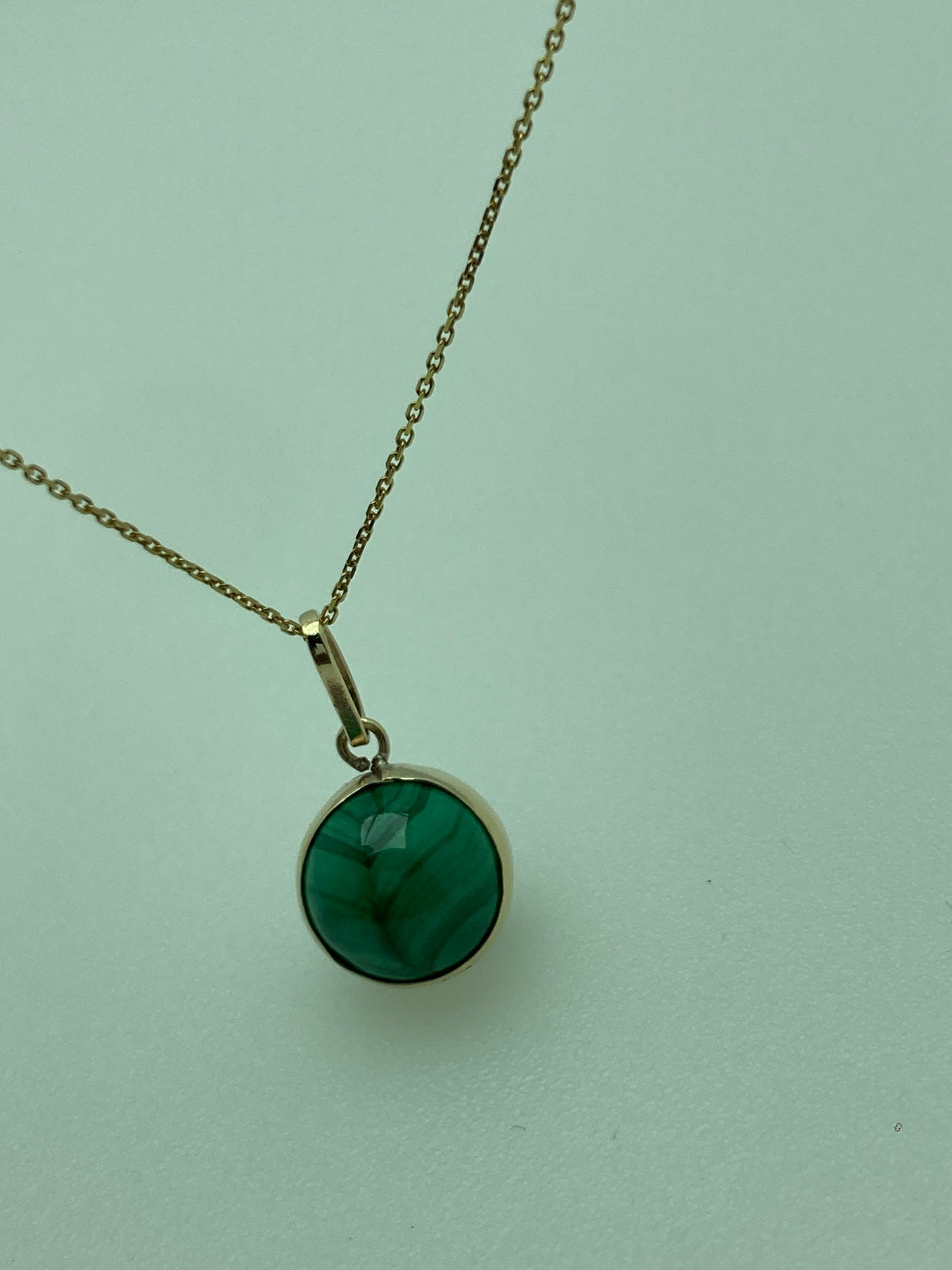 Gold malachite pendant, round green malachite necklace, solid 9ct yellow gold, 18” gold chain