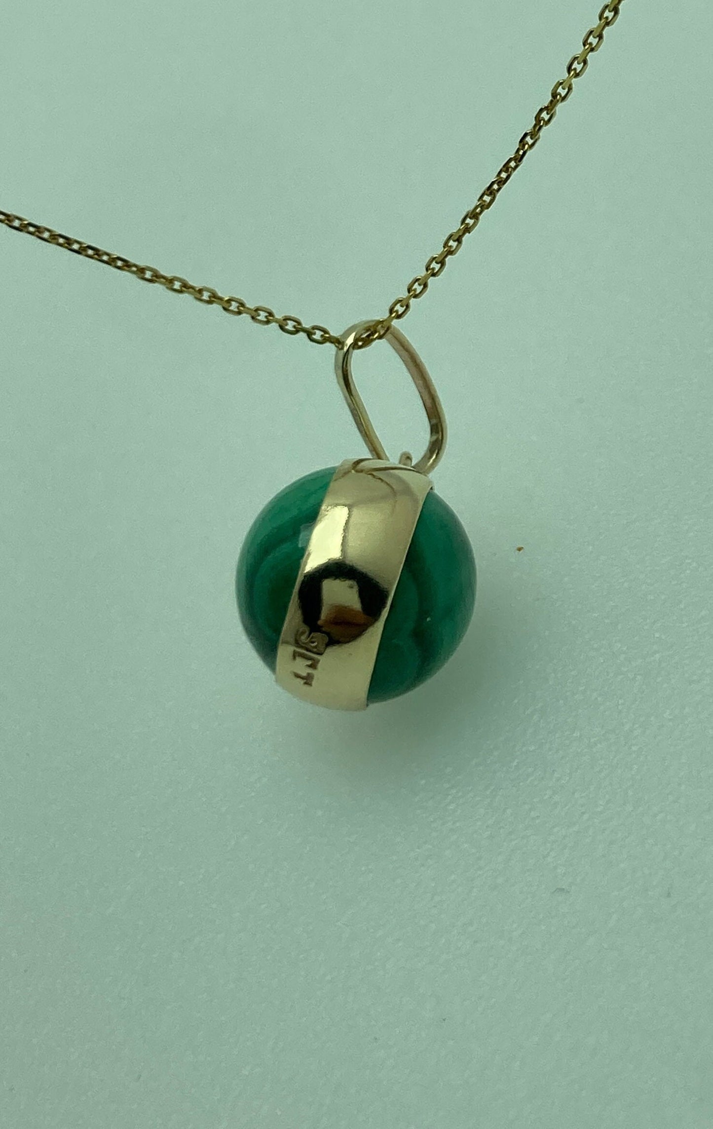 Gold malachite pendant, round green malachite necklace, solid 9ct yellow gold, 18” gold chain