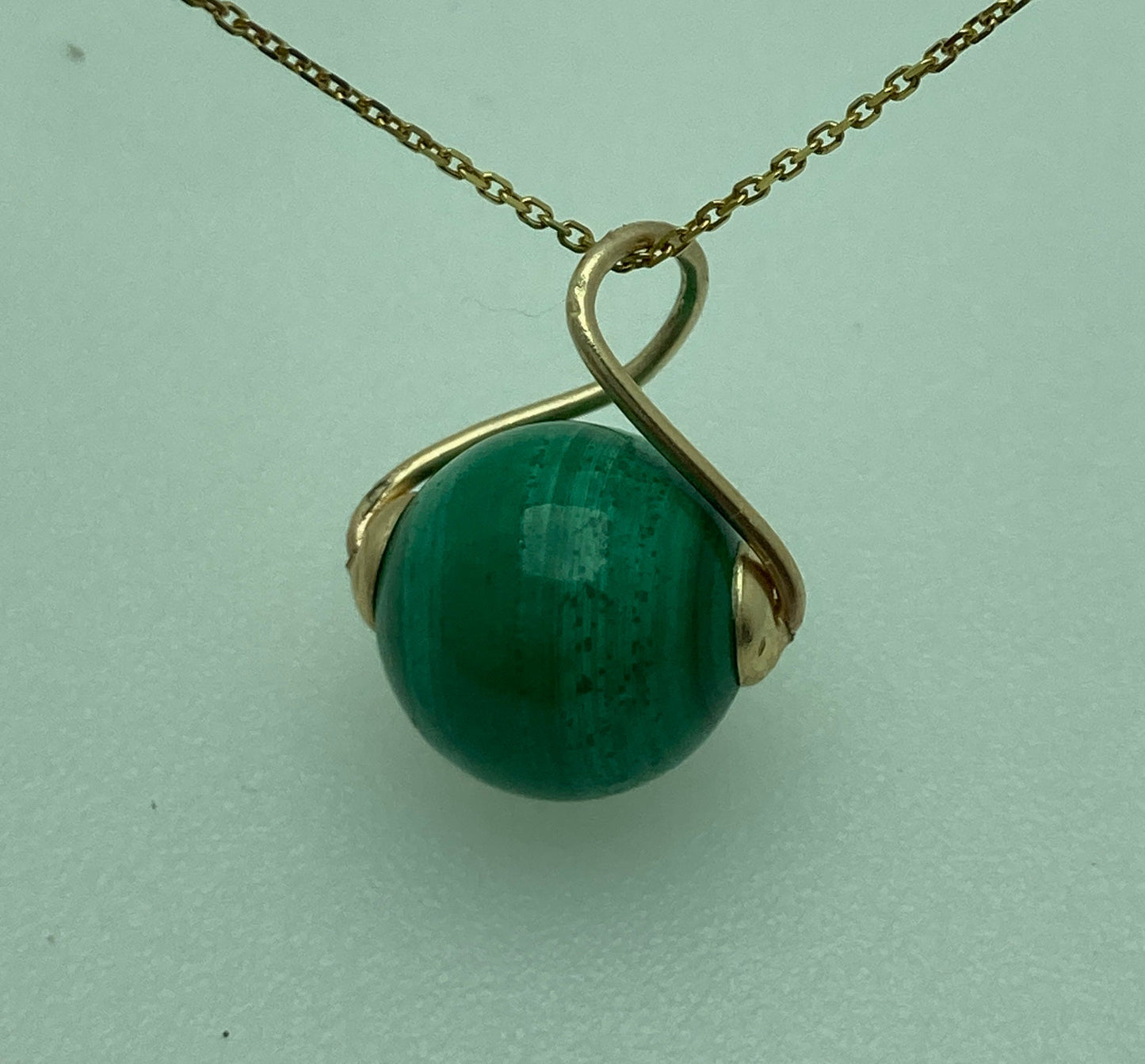 malachite gold pendant, round green malachite, solid 9ct yellow gold necklace, 18” gold chain