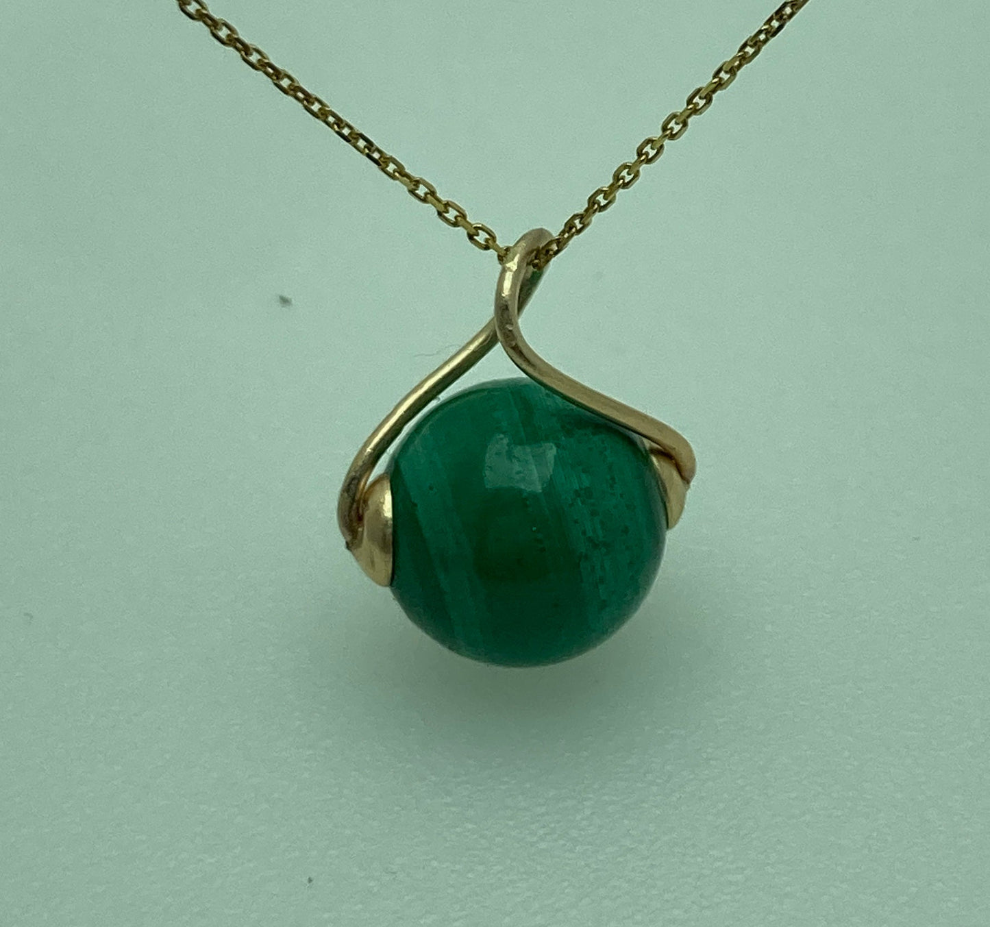 malachite gold pendant, round green malachite, solid 9ct yellow gold necklace, 18” gold chain