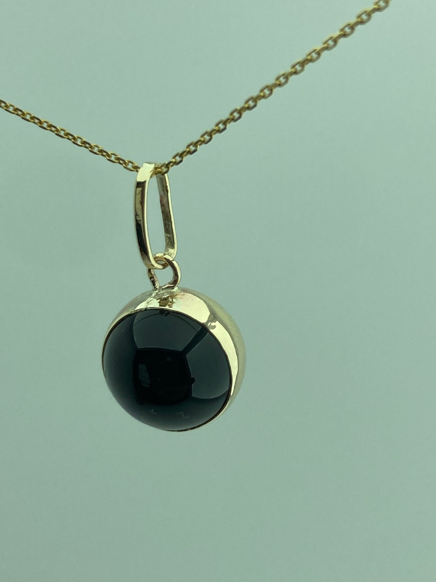 9ct gold black onyx pendant, solid 9ct yellow gold necklace, round natural gemstone