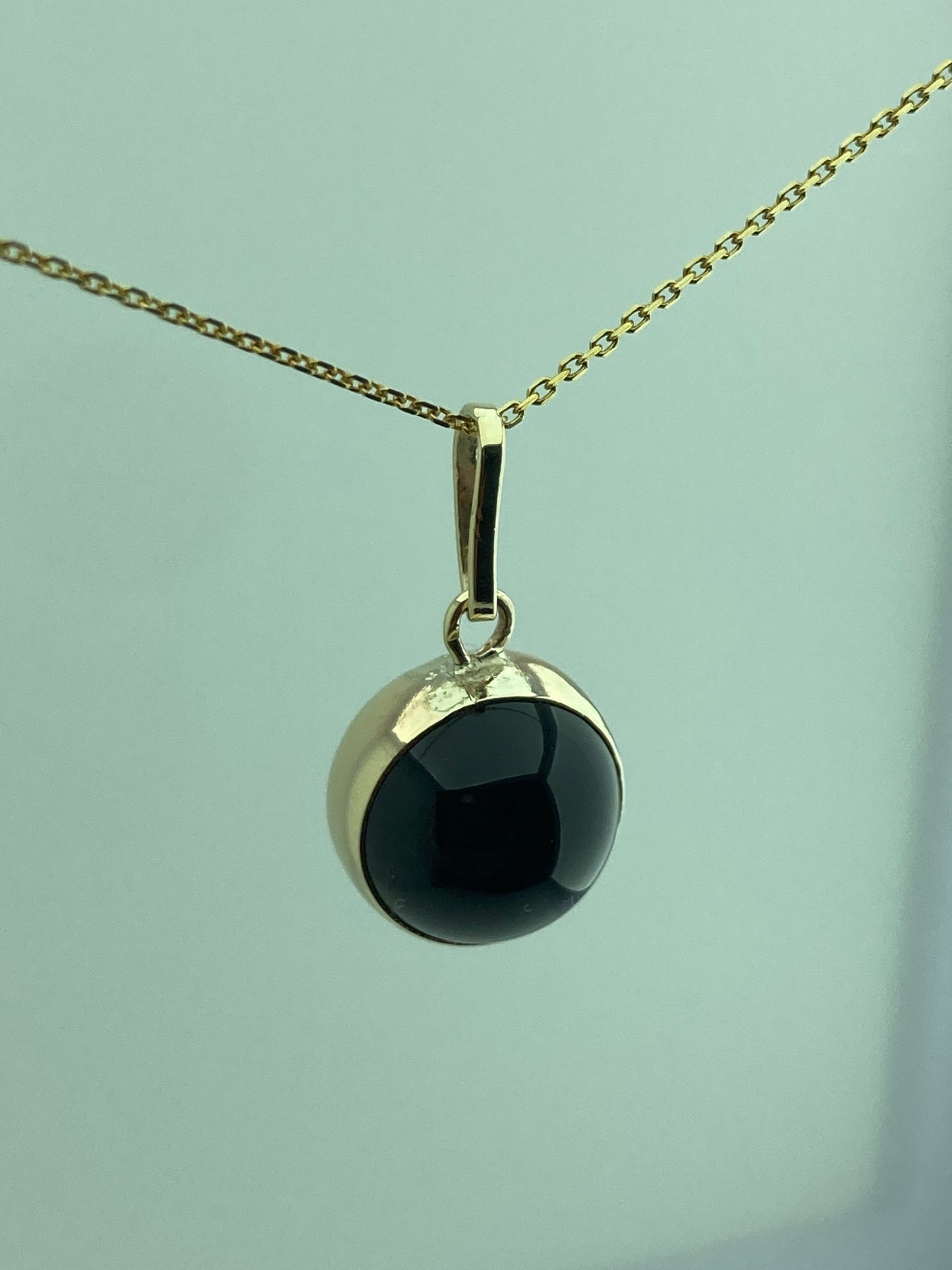 9ct gold black onyx pendant, solid 9ct yellow gold necklace, round natural gemstone