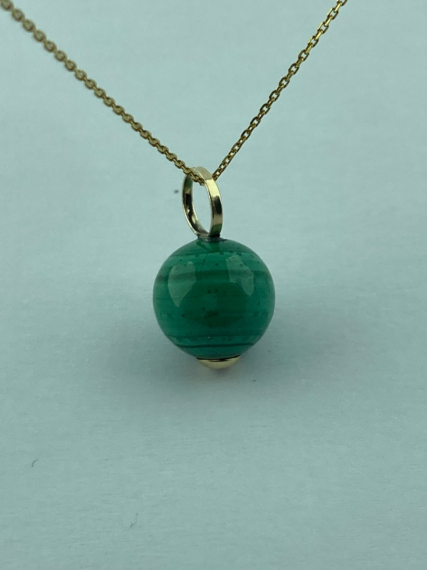 gold natural malachite pendant, round green malachite, solid 9ct yellow gold necklace, 18” gold chain