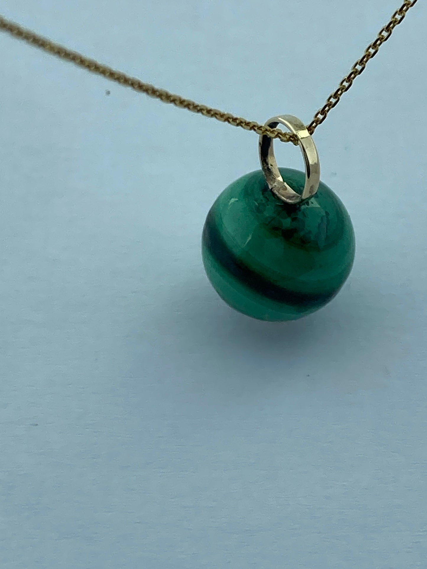 malachite gold necklace , round green malachite, solid 9ct yellow gold necklace, 18” gold chain