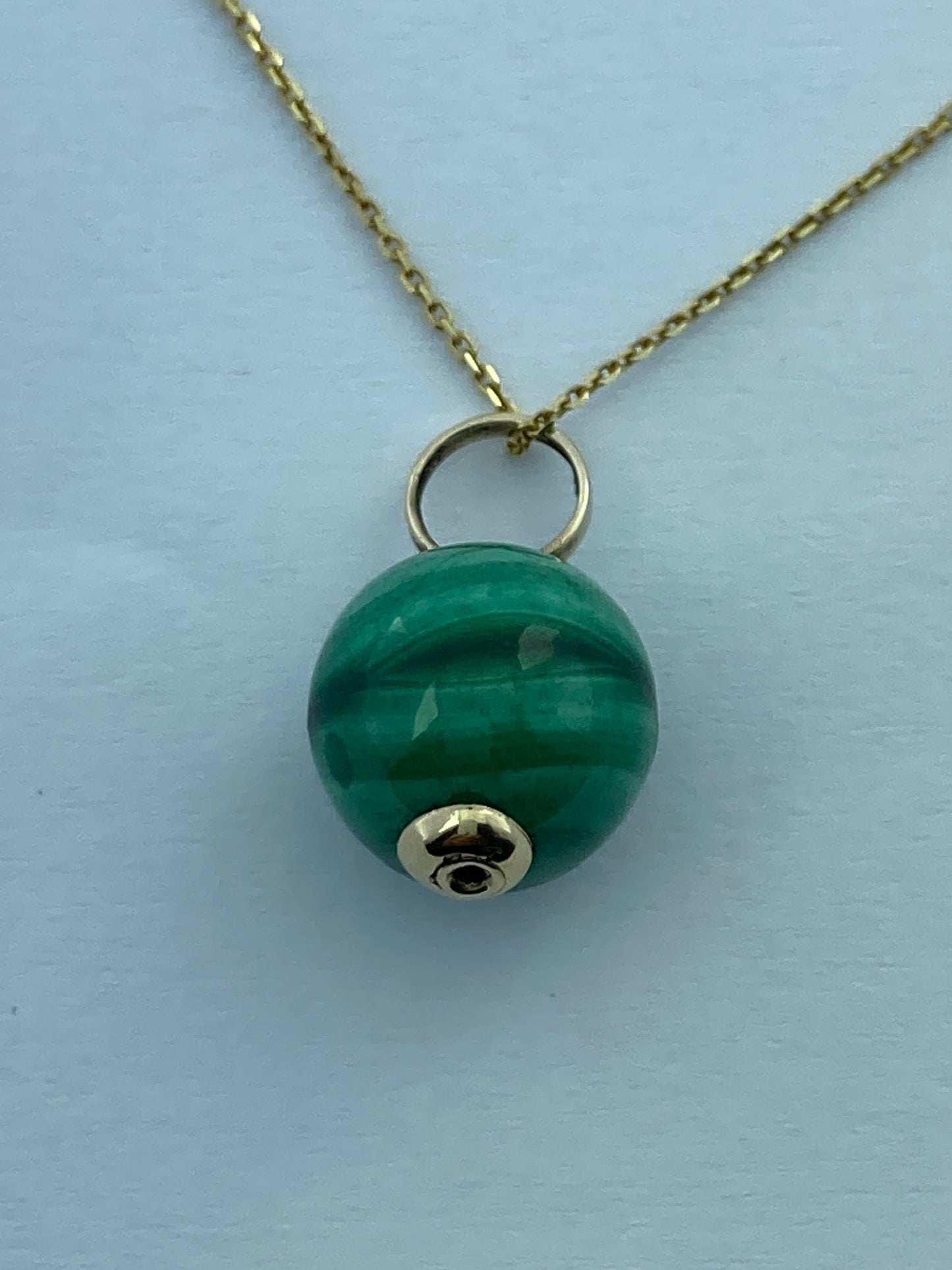 malachite gold necklace , round green malachite, solid 9ct yellow gold necklace, 18” gold chain