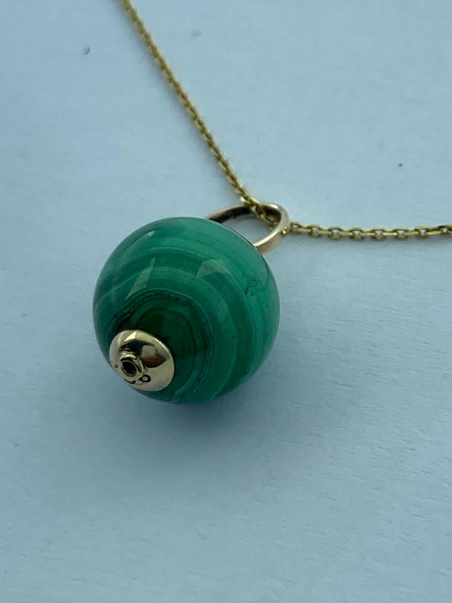 Malachite, round green malachite pendant, solid 9ct yellow gold necklace, 18” gold chain