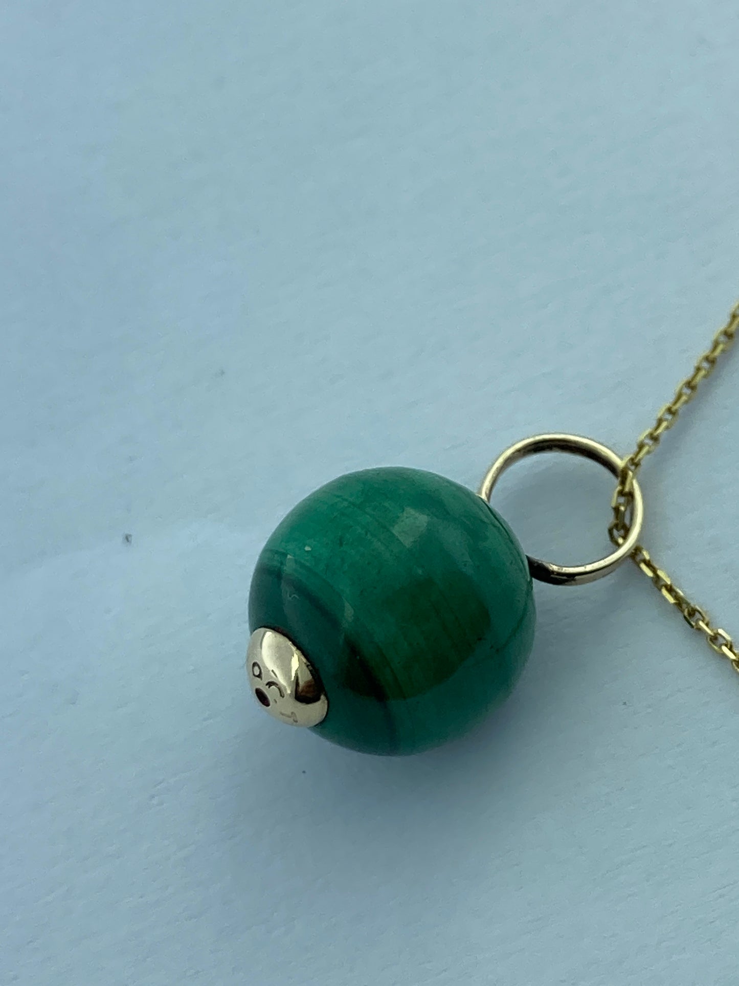 Natural Malachite, round green malachite pendant, solid 9ct yellow gold necklace, 18” gold chain