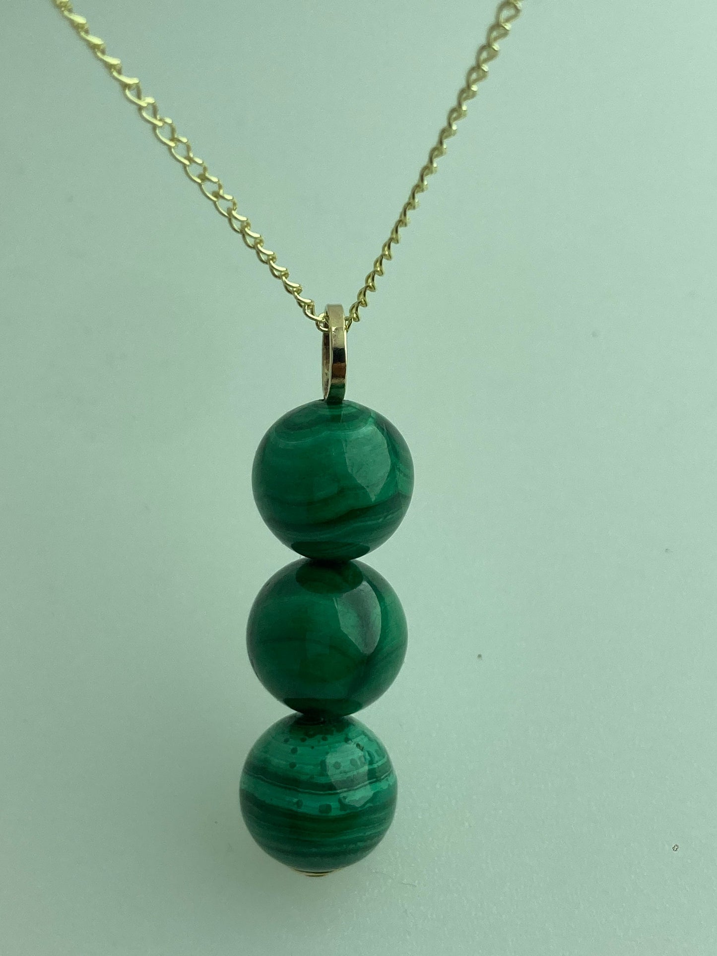 gold malachite necklace, natural green malachite pendant, solid 9ct yellow gold, 18” gold chain