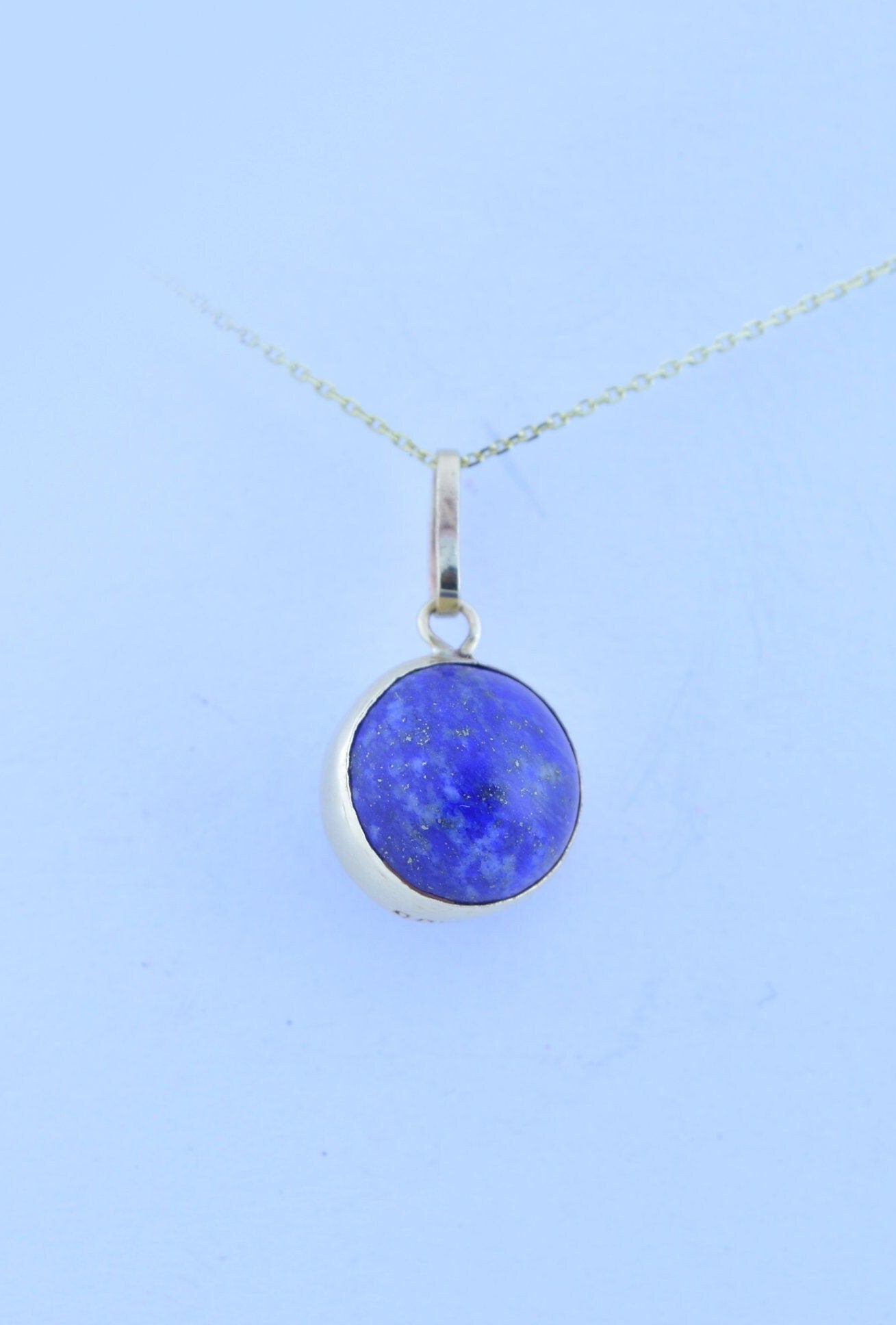 lapis lazuli 9ct gold necklace, natural bell shape pendant, 18” chain uk hallmark