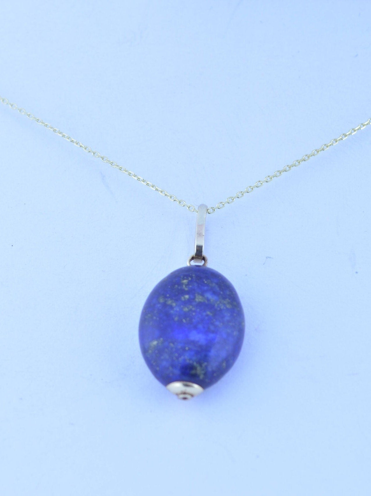 lapis lazuli gold pendant, solid 9ct yellow gold necklace, oval natural blue lapis lazuli, 18” chain a uk hallmark