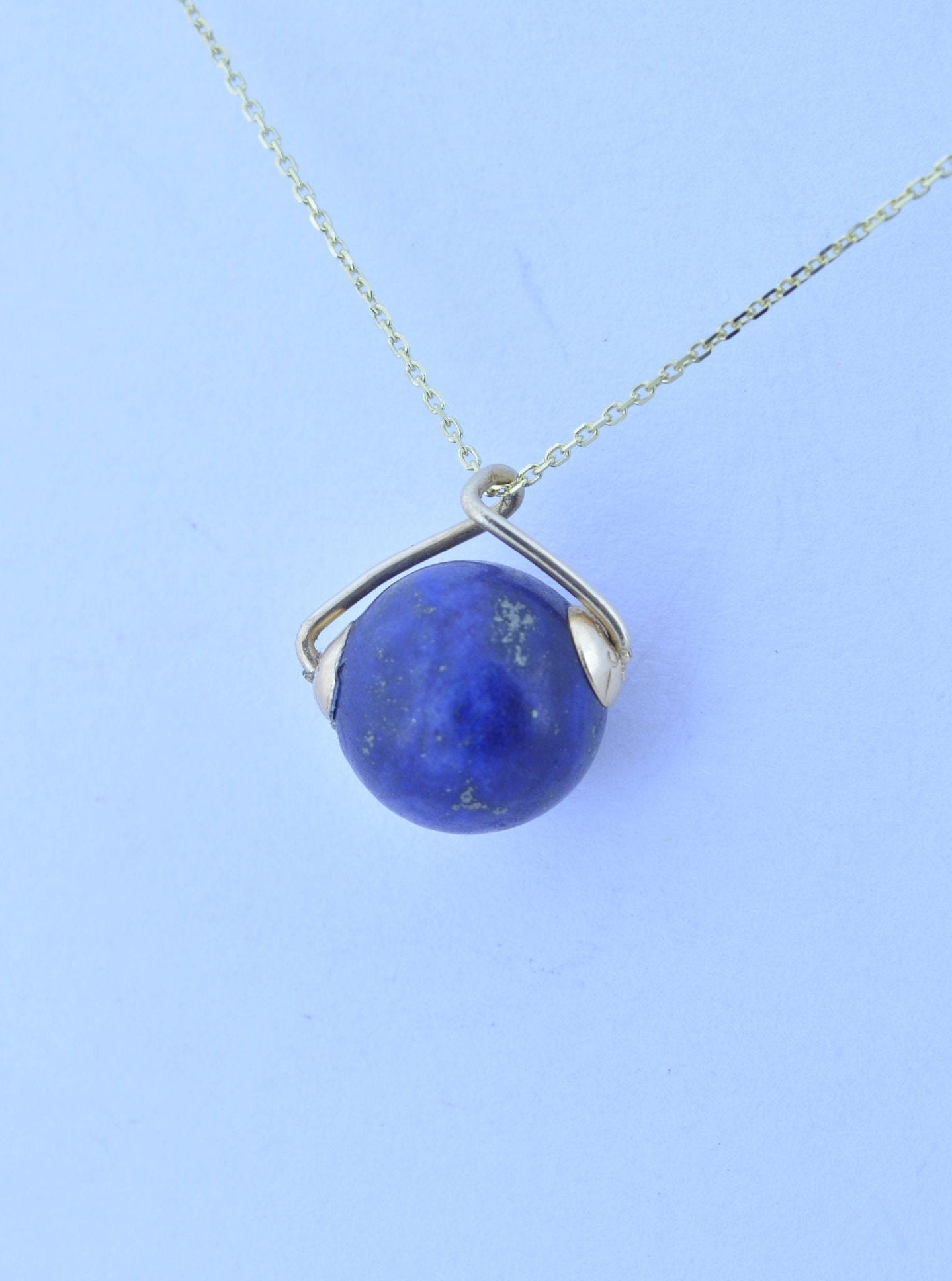 lapis lazuli pendant, solid 9ct yellow gold necklace, bell shape natural blue gemstone, 18” chain a uk hallmark