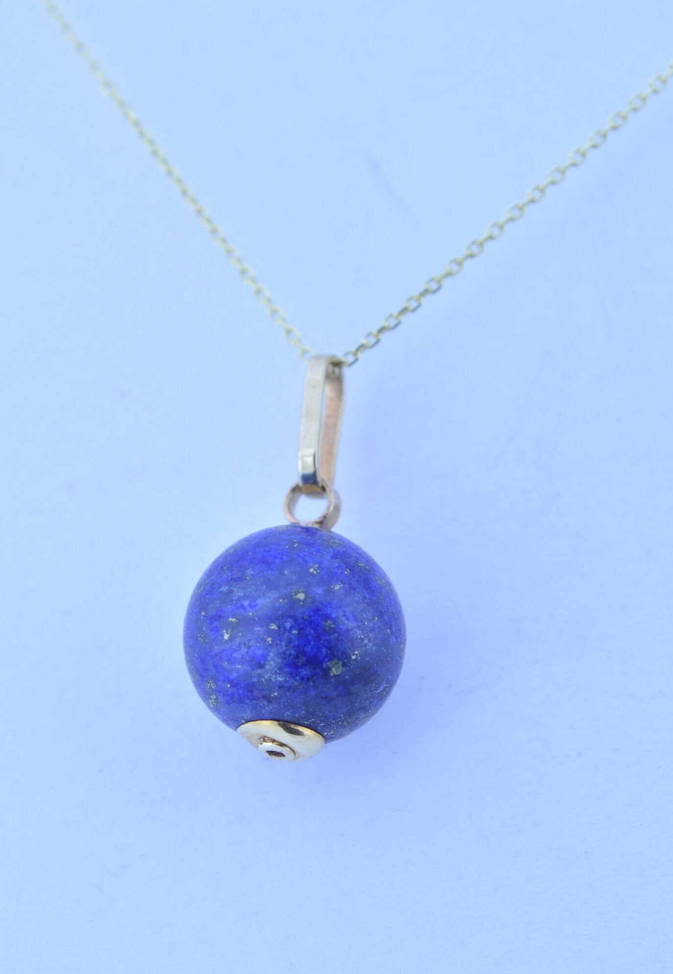 gold Lapis lazuli pendant, bell shape natural blue gemstone necklace, 18” chain a uk hallmark