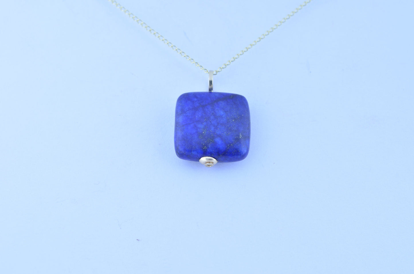 gold lapis lazuli pendant, natural square shape blue gemstone necklace, 18” chain a uk hallmark