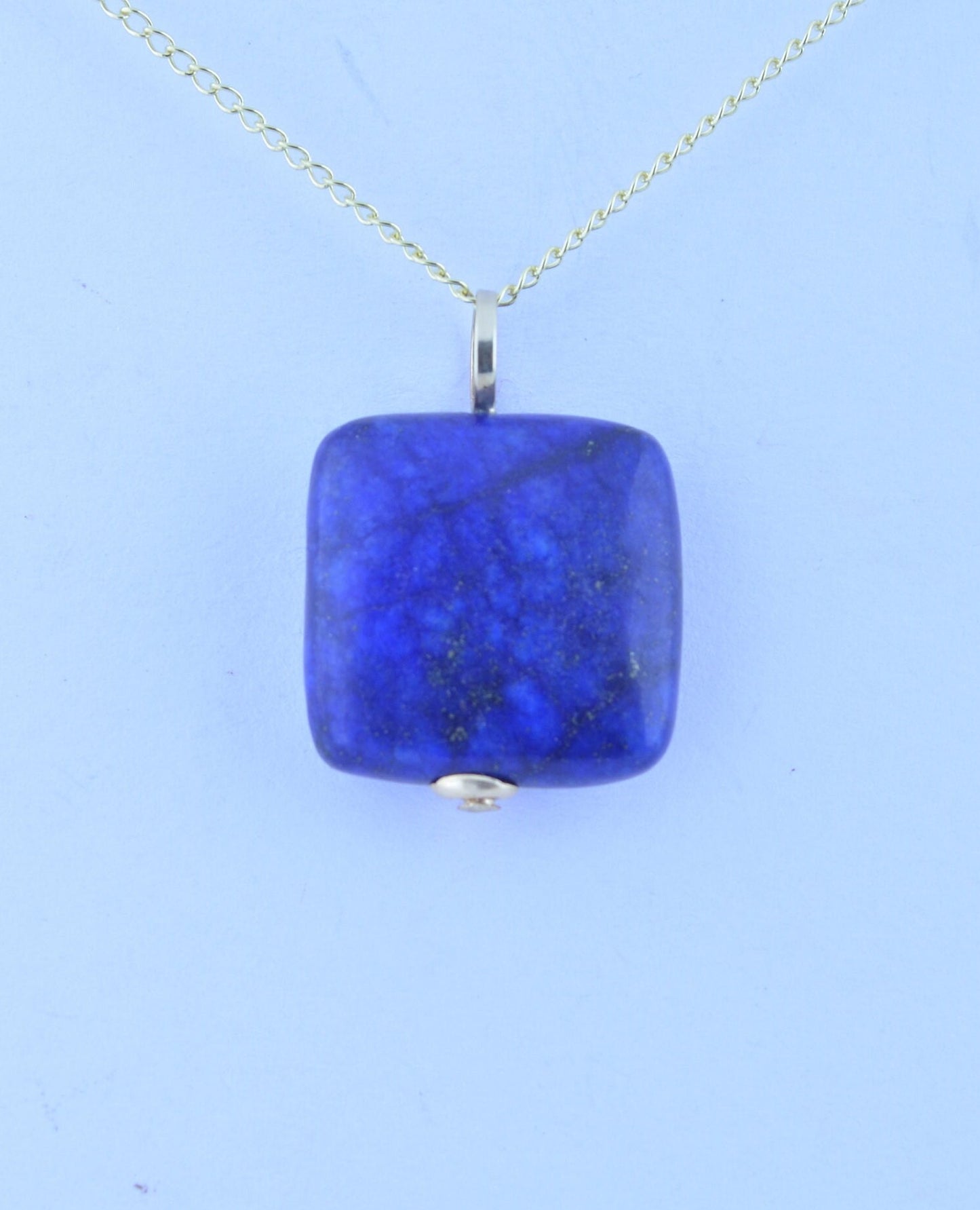 gold lapis lazuli pendant, natural square shape blue gemstone necklace, 18” chain a uk hallmark