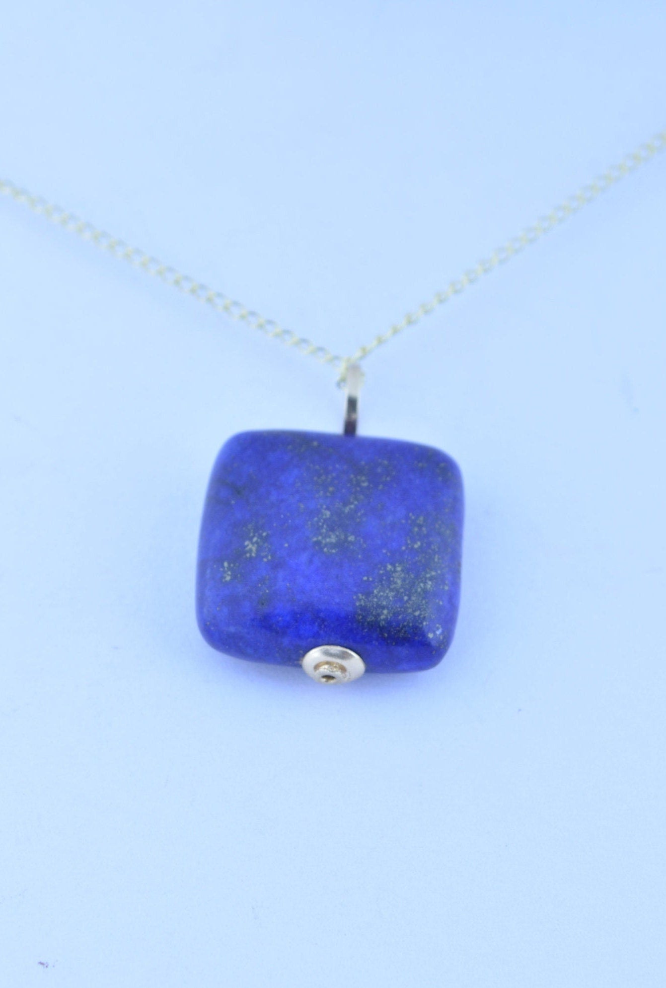 gold lapis lazuli pendant, natural square shape blue gemstone necklace, 18” chain a uk hallmark