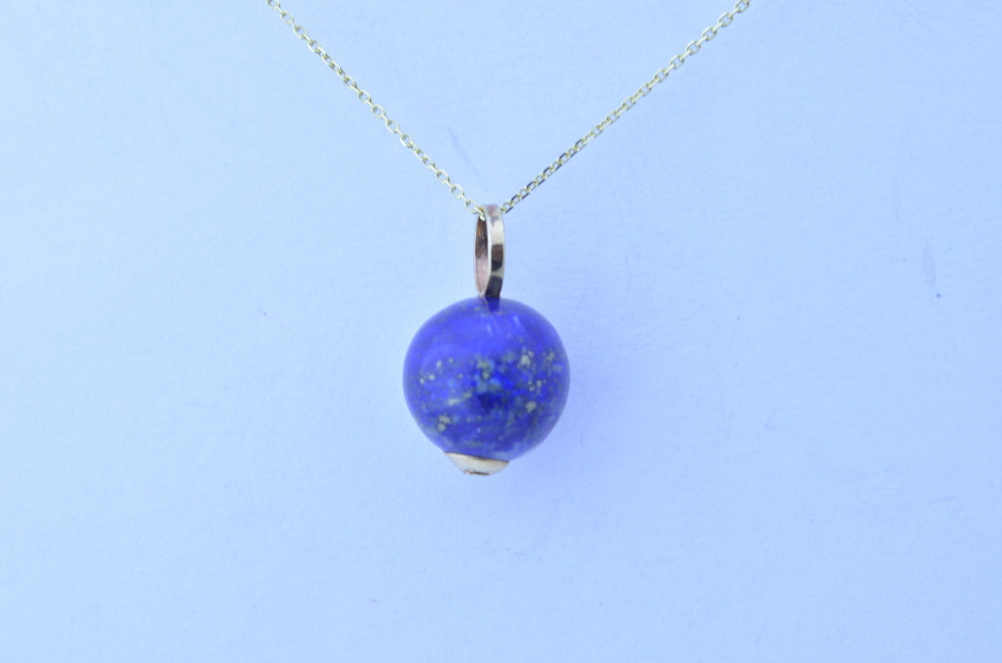 gold pendant, solid 9ct yellow gold necklace, natural round blue lapis lazuli gemstone, 18” chain uk hallmark