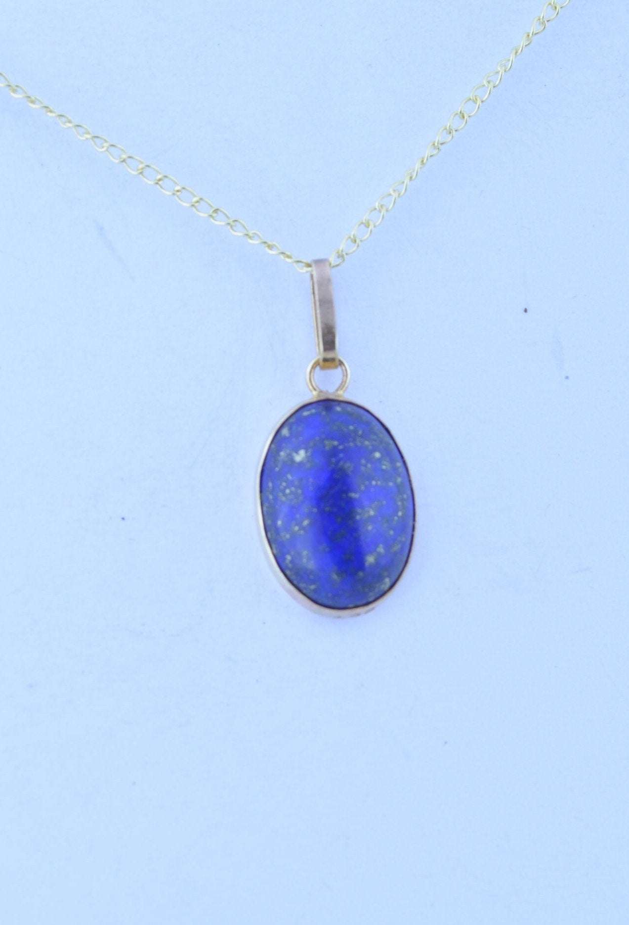 gold lapis lazuli pendant, solid 9ct yellow gold necklace, natural oval blue gemstone pendant, 18” uk hallmark