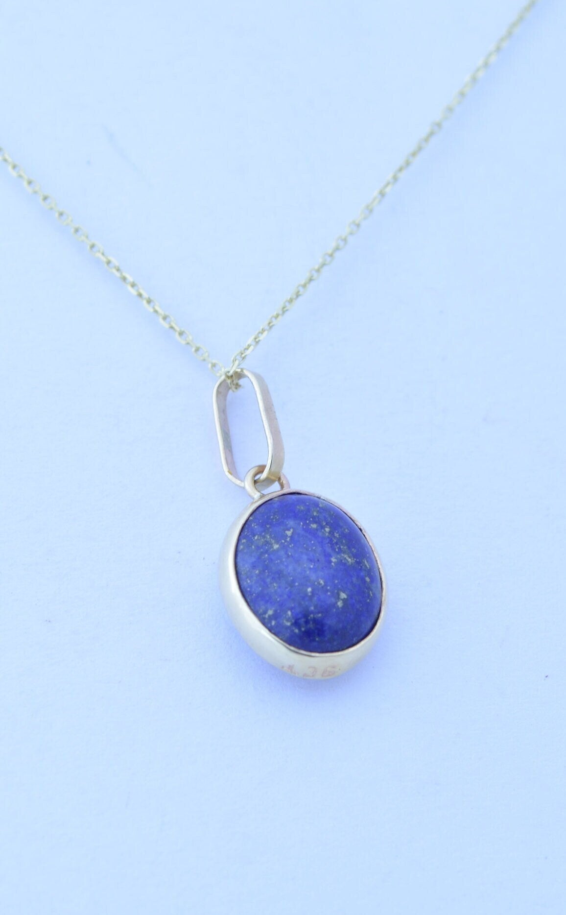 gold pendant, solid 9ct yellow gold necklace, oval natural blue lapis lazuli, 18” chain a uk hallmark