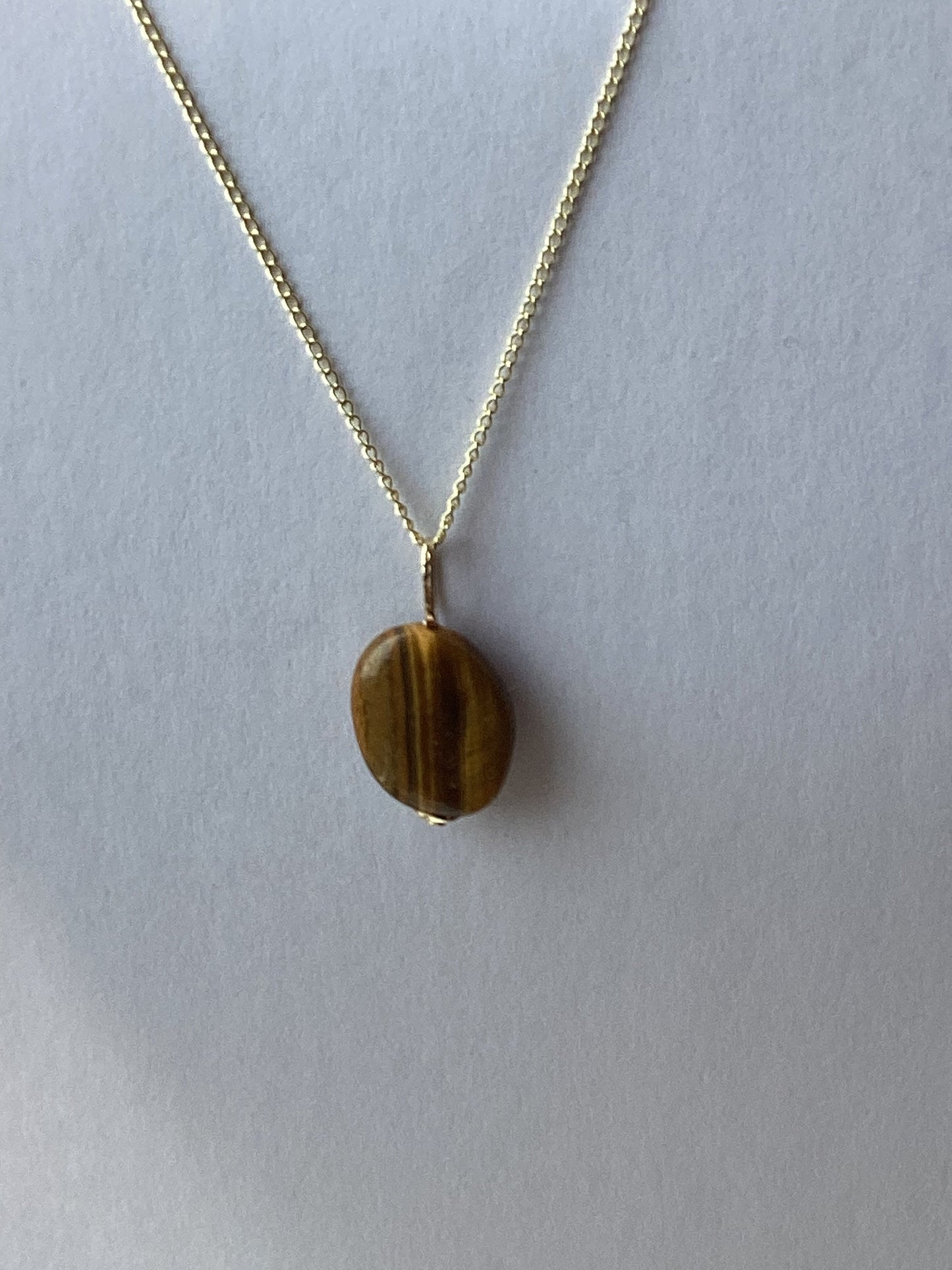 gold necklace, tiger’s eye pendant, oval natural brown gemstone, 18” chain uk hallmarked