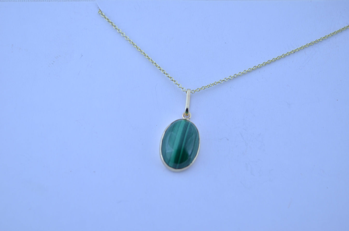 malachite 9ct gold pendant, natural green oval gemstone, 18” uk hallmark