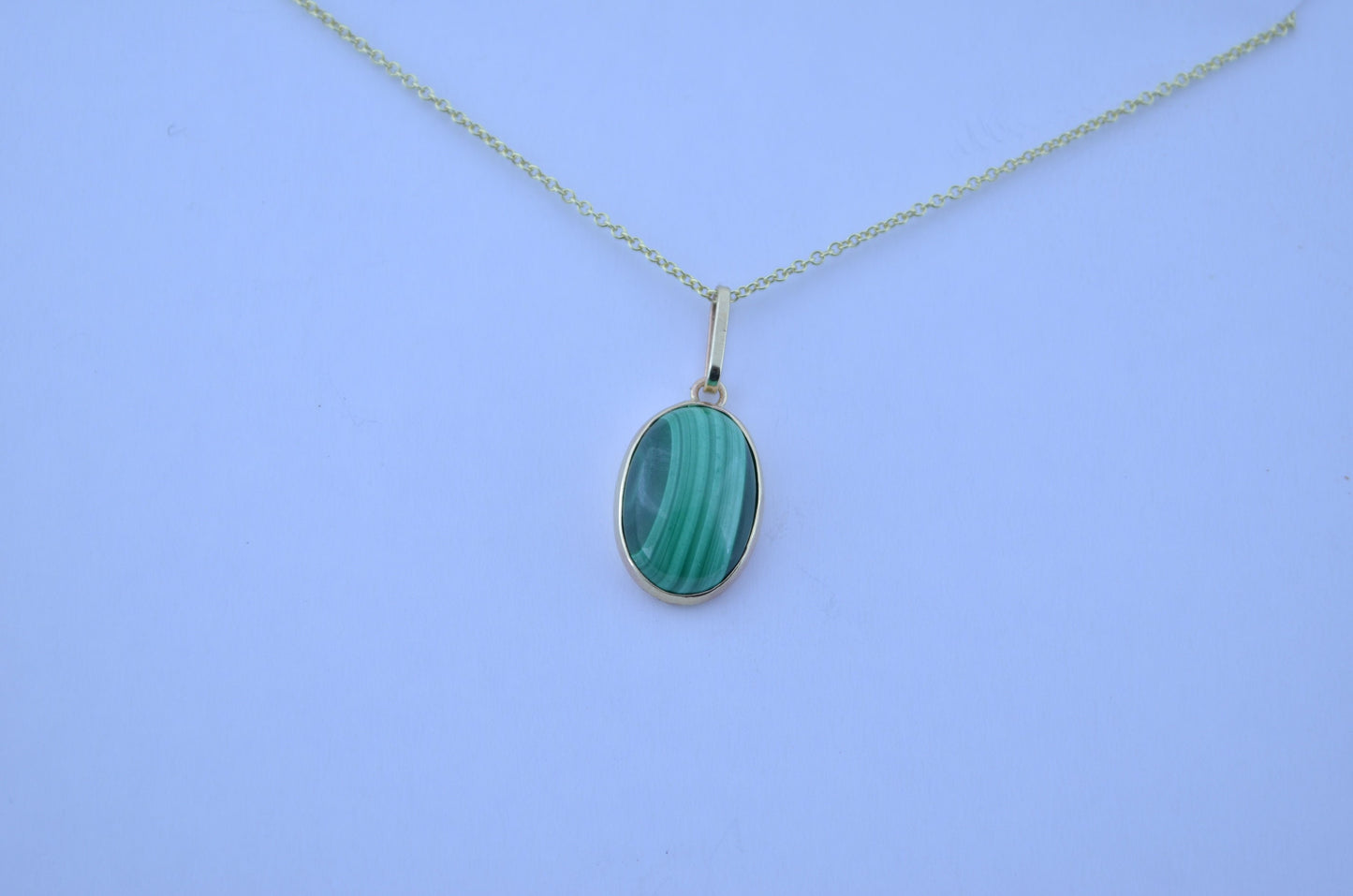 malachite gold necklace, natural green oval gemstone, 18” chain uk hallmark