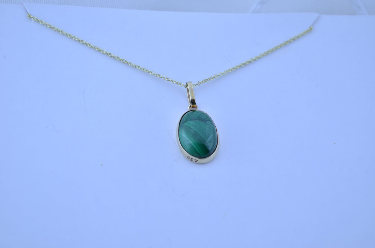 Malachite gold pendant , solid 9ct yellow gold necklace , 18” gold chain, natural green gemstone