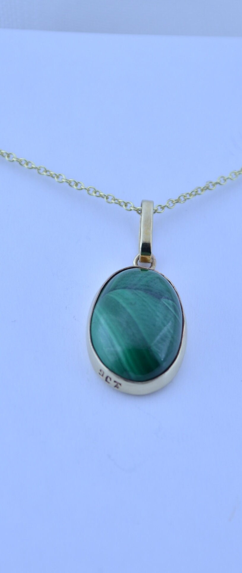 Malachite gold pendant , solid 9ct yellow gold necklace , 18” gold chain, natural green gemstone