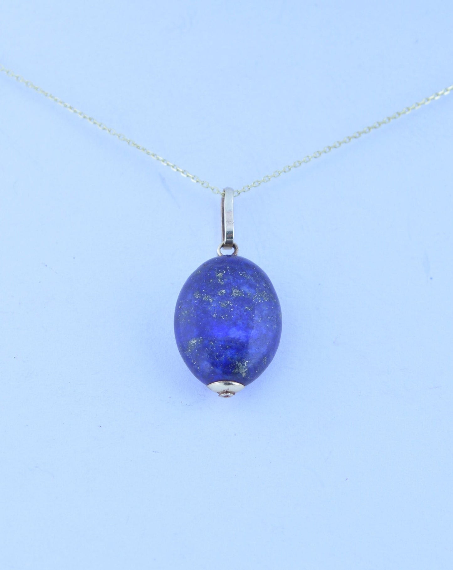 lapis lazuli gold pendant, solid 9ct yellow gold necklace, oval natural blue lapis lazuli, 18” chain a uk hallmark