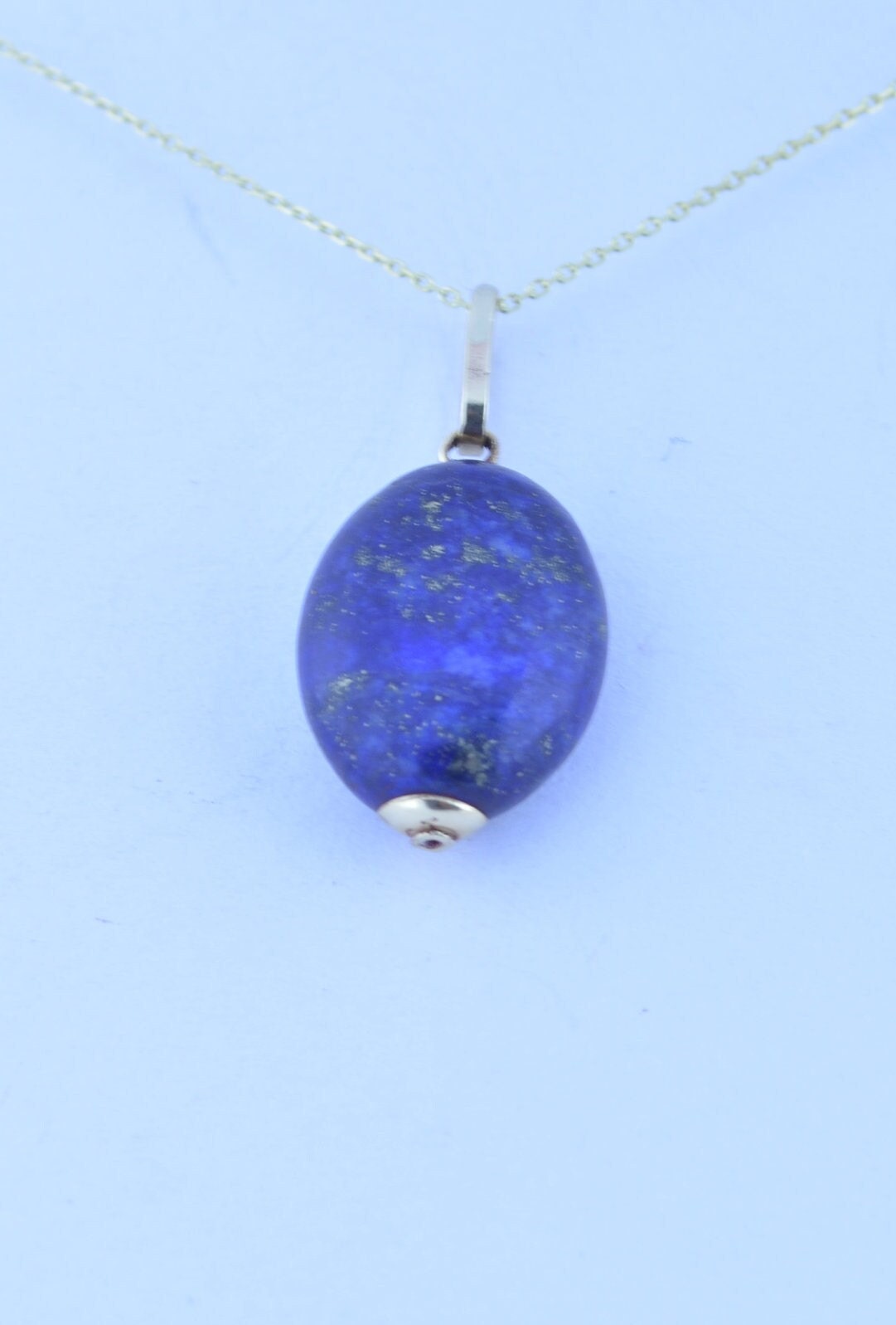 lapis lazuli gold pendant, solid 9ct yellow gold necklace, oval natural blue lapis lazuli, 18” chain a uk hallmark
