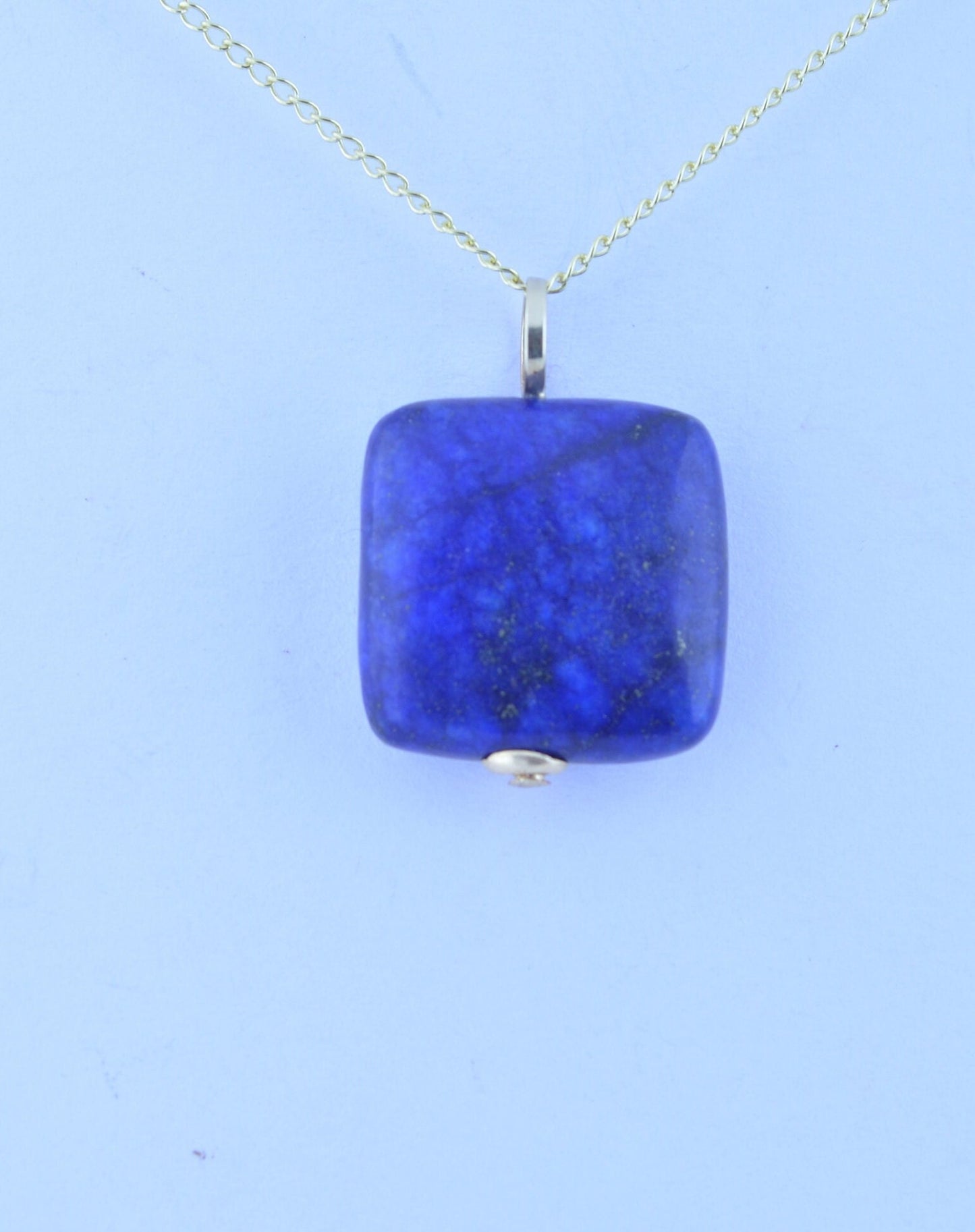 gold lapis lazuli pendant, natural square shape blue gemstone necklace, 18” chain a uk hallmark