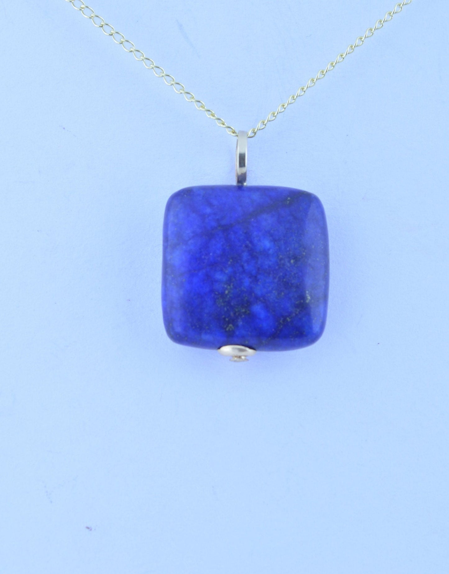 gold lapis lazuli pendant, natural square shape blue gemstone necklace, 18” chain a uk hallmark
