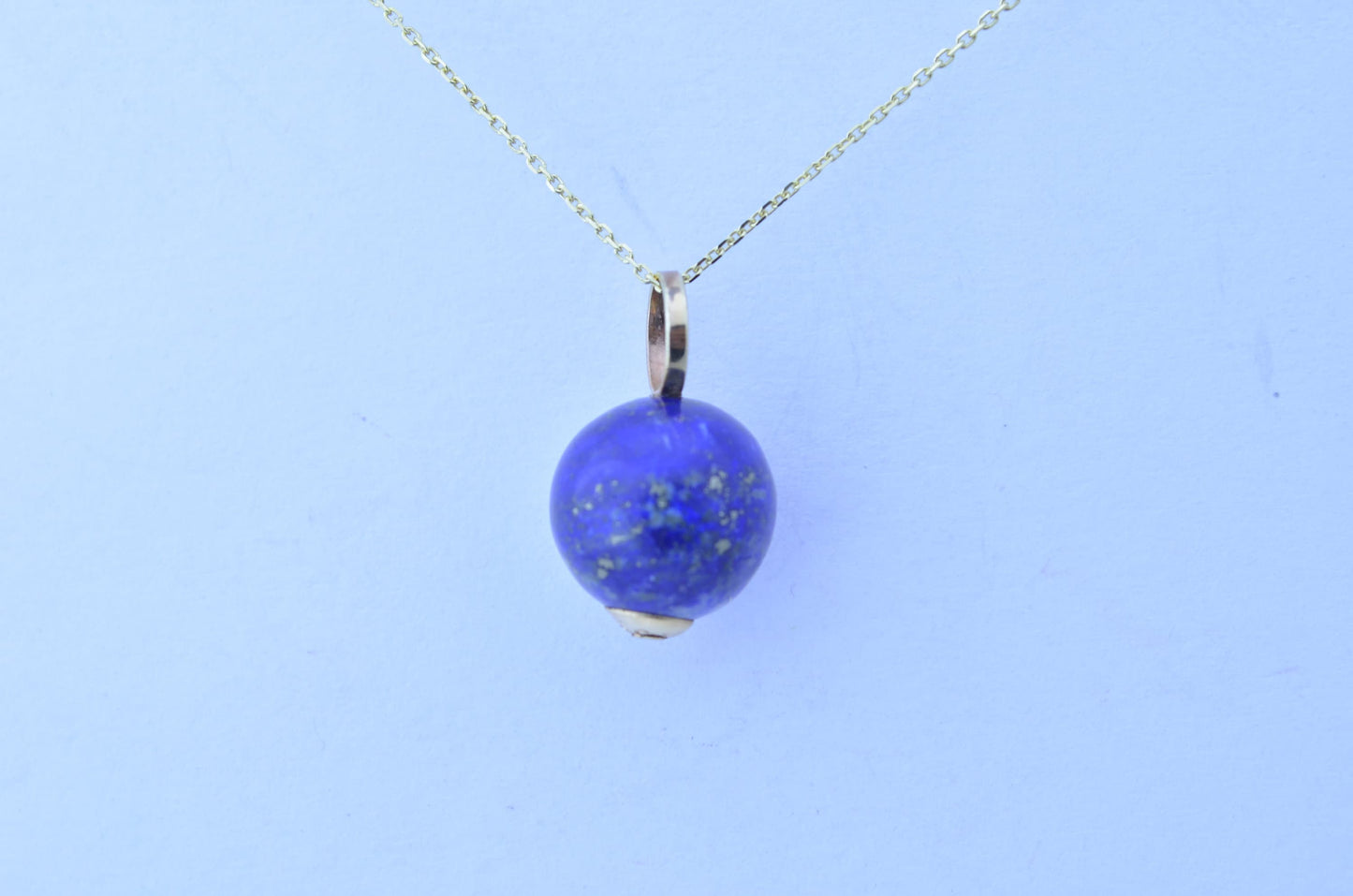 gold pendant, solid 9ct yellow gold necklace, natural round blue lapis lazuli gemstone, 18” chain uk hallmark