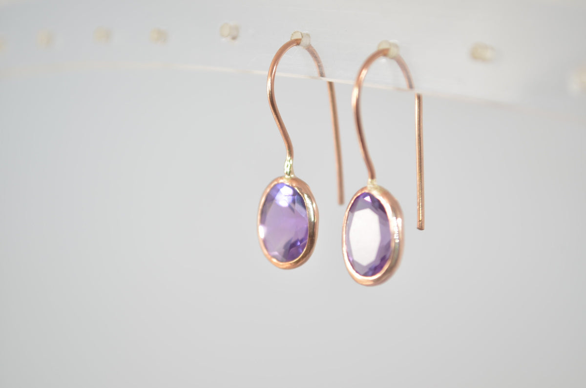 gold amethyst earrings, solid 9ct Rose gold, natural purple gemstones, February birthstone