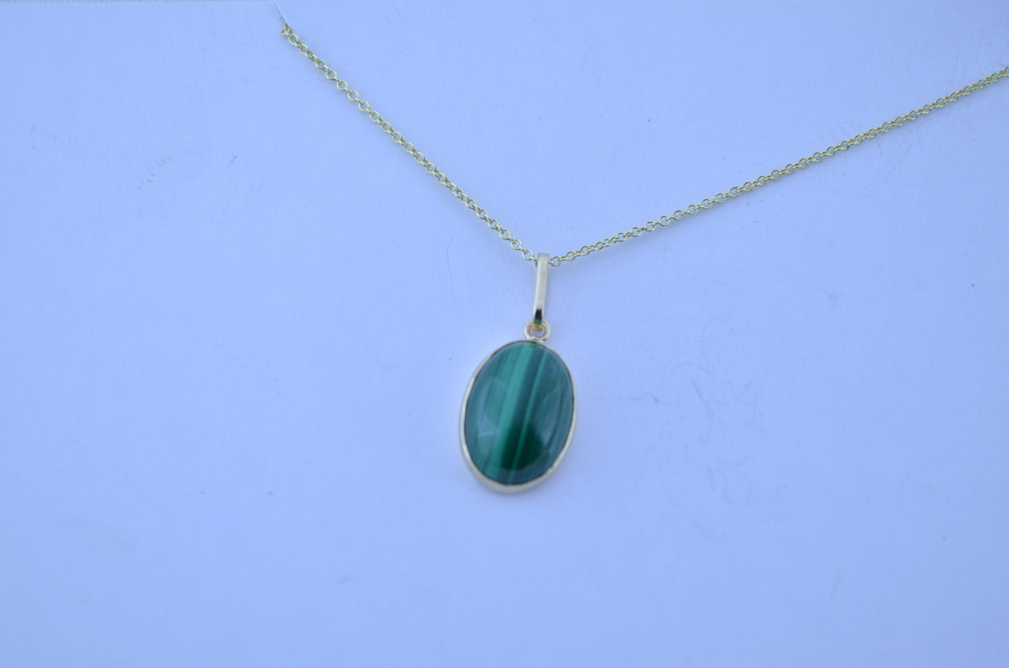 malachite 9ct gold pendant, natural green oval gemstone, 18” uk hallmark