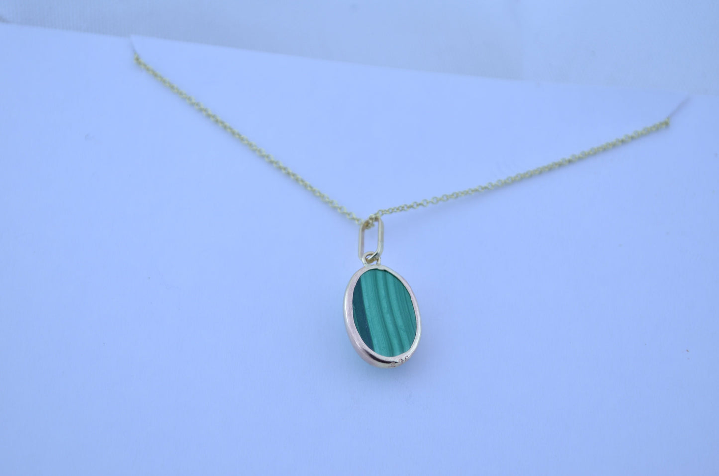 malachite gold necklace, natural green oval gemstone, 18” chain uk hallmark