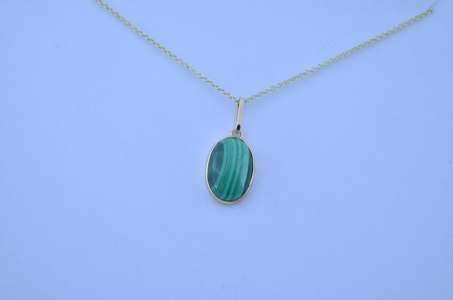 malachite gold necklace, natural green oval gemstone, 18” chain uk hallmark